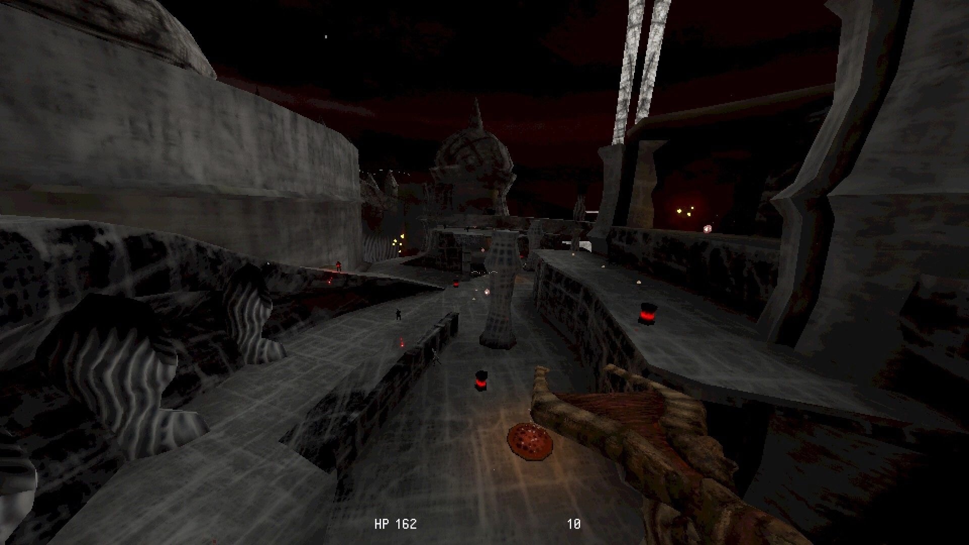 Meat Engine: First-person view over gray alien ruins with red lights and HP 162 HUD at bottom.
