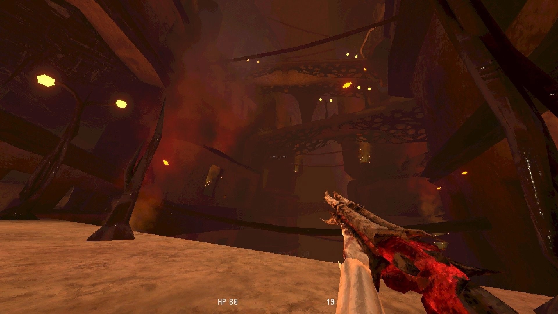 Meat Engine: First-person shotgun view with HP 80 in a smoky industrial cavern lit by embers.