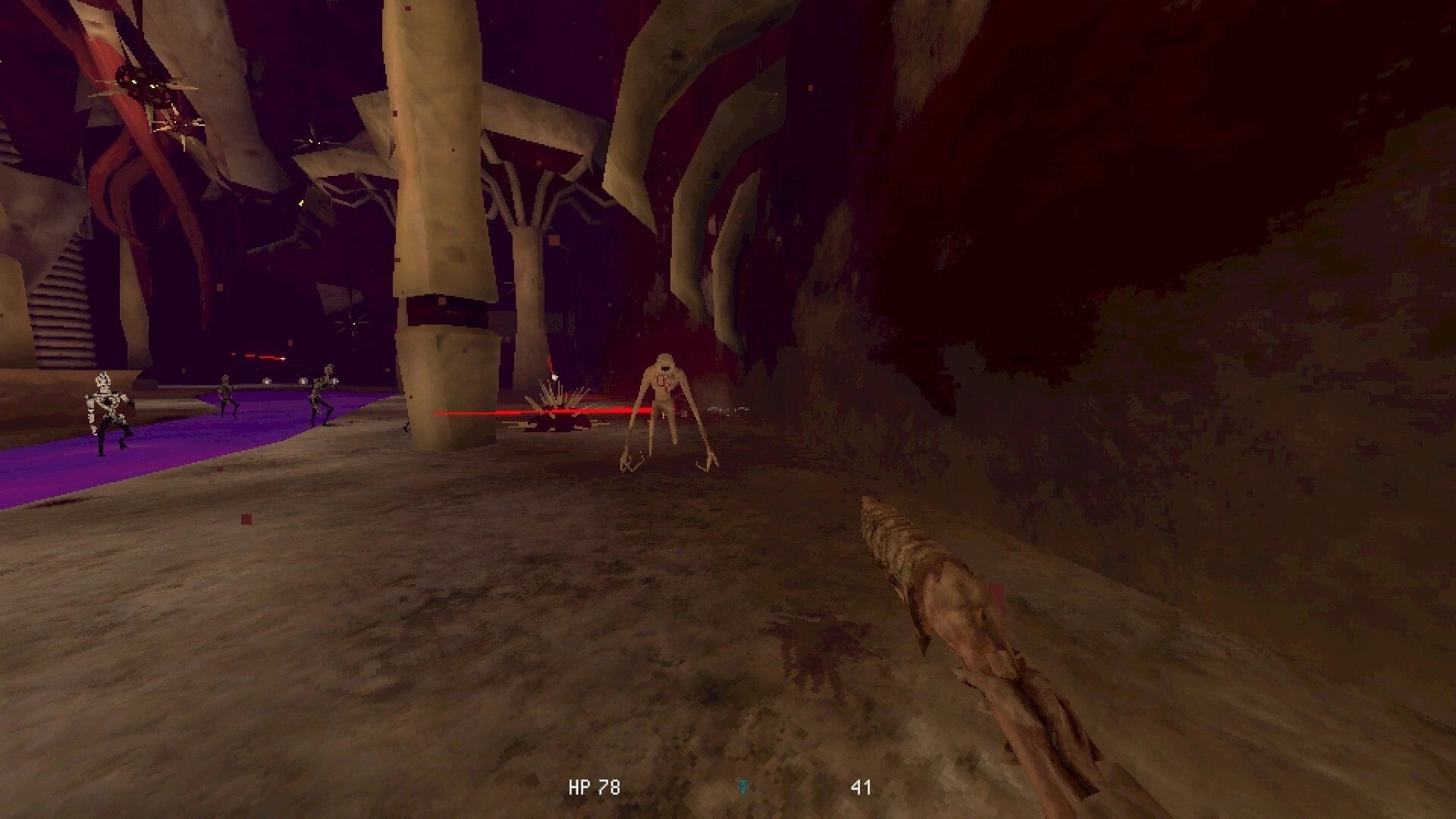 Meat Engine: First-person gunfight with skeletal enemies in a purple-lit organic cavern arena.