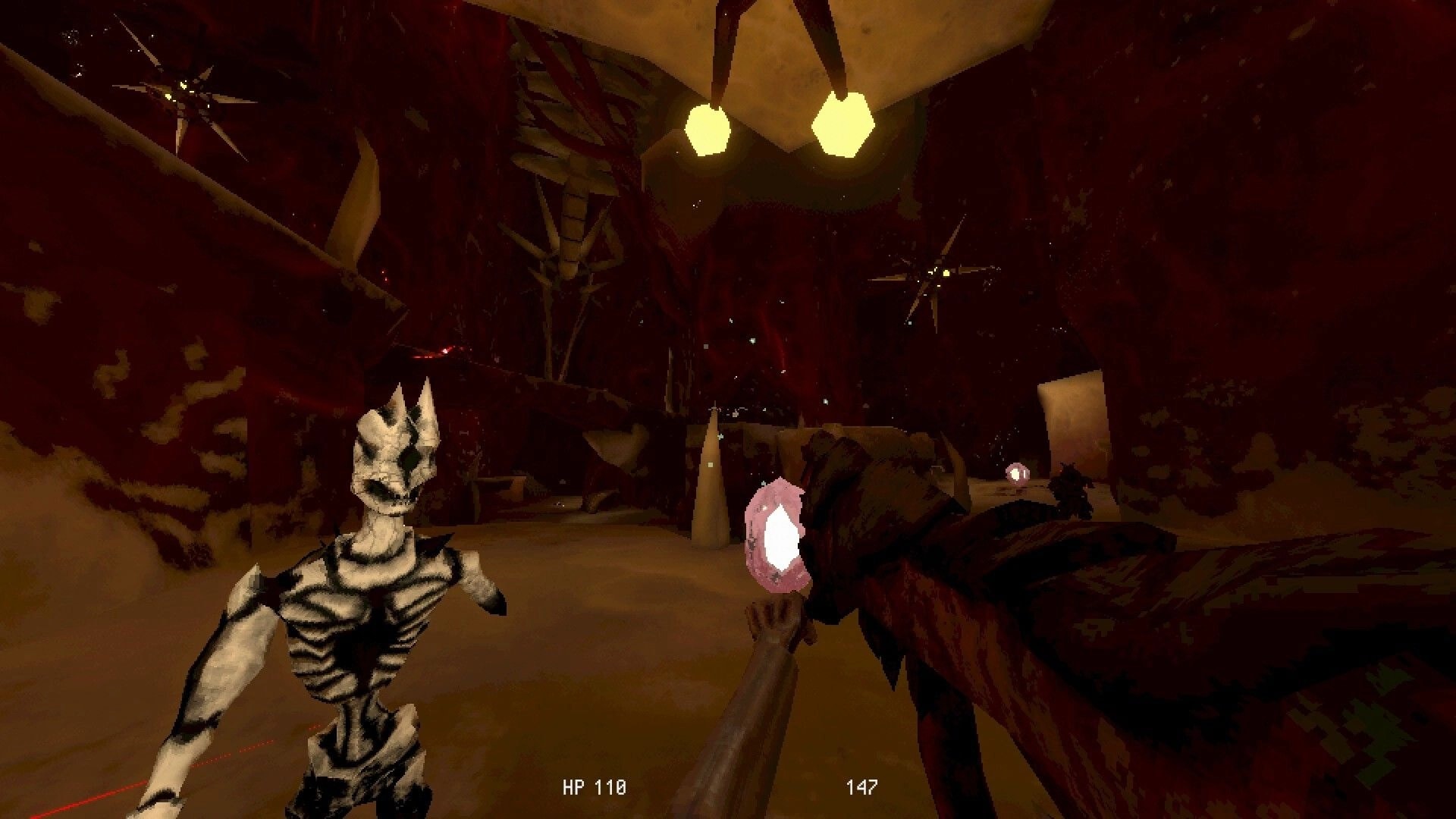 Meat Engine: First-person shotgun fight with skeletal enemy in fleshy cavern, HP 110 UI visible.