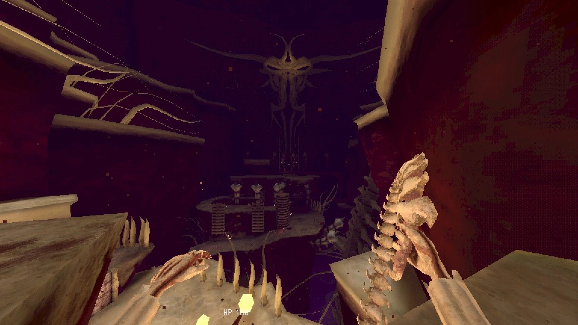 Meat Engine: First-person view holding a spine club on floating platforms in a dark void, HP 100 HUD.