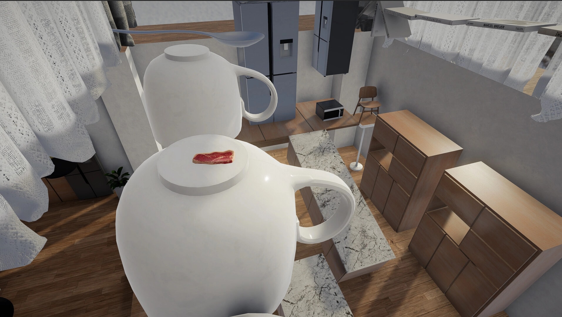 三分熟 Medium Rare: Small steak on giant teapot in oversized kitchen with wooden cabinets and appliances