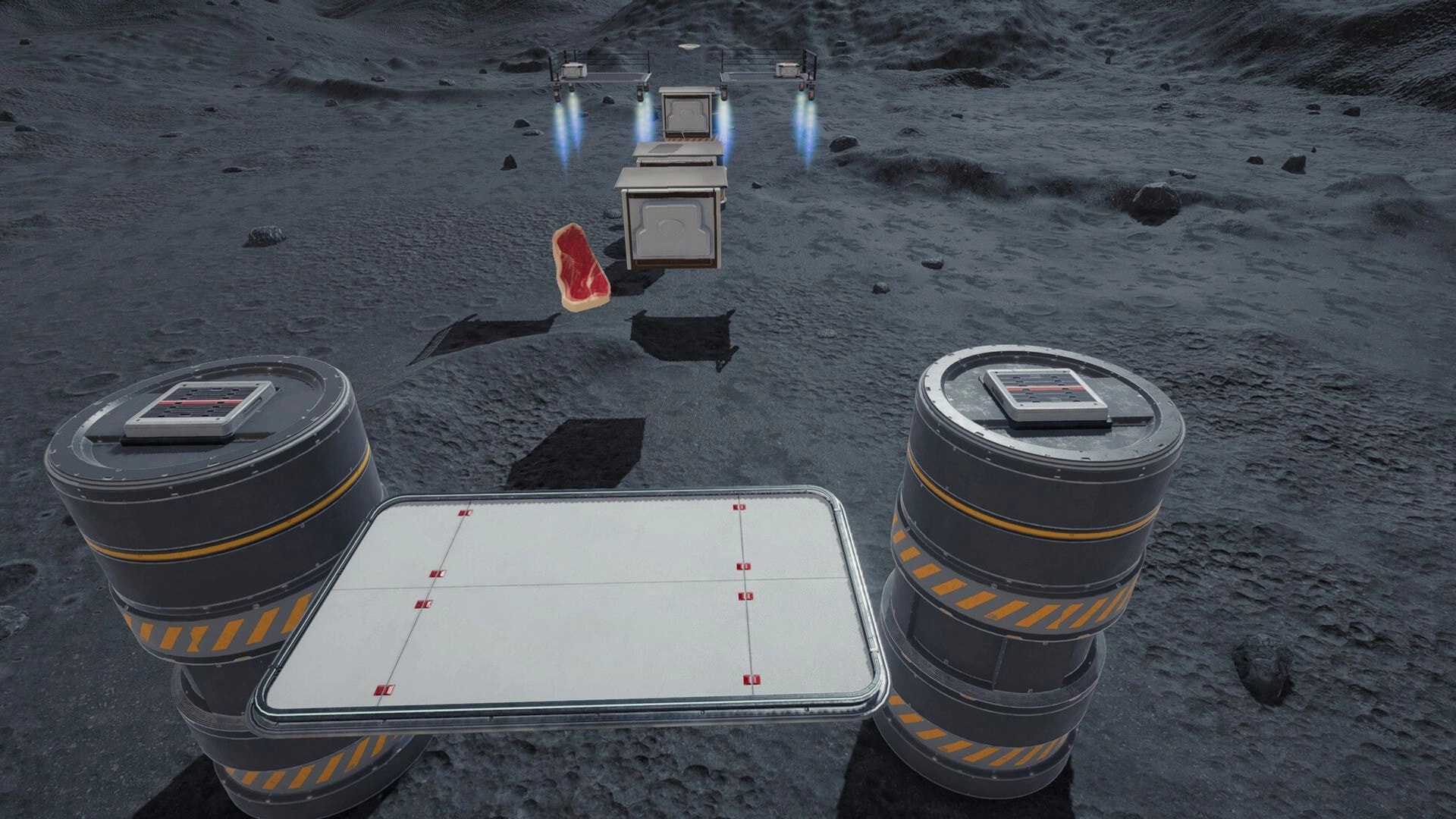 三分熟 Medium Rare: Steak character jumping between platforms on a moon-like surface with hovering crates