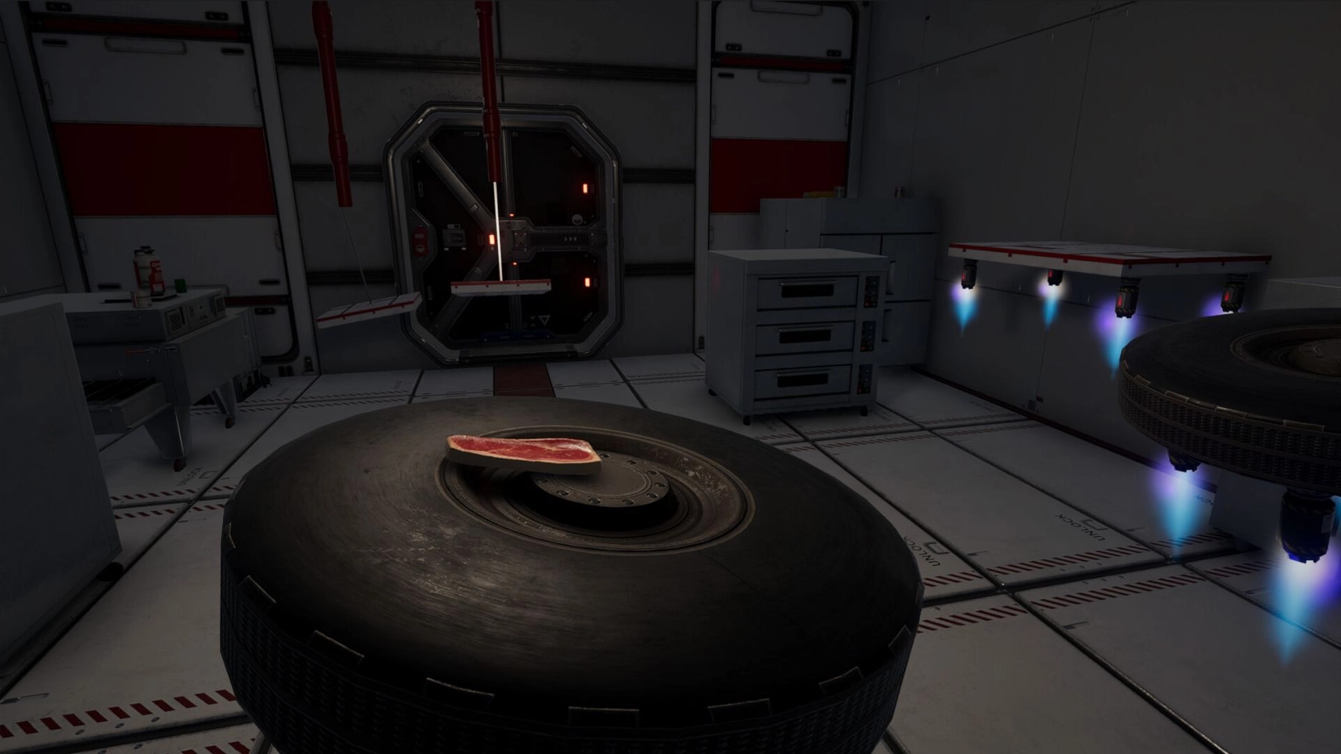 三分熟 Medium Rare: Steak on spinning platform in futuristic kitchen with glowing platforms nearby