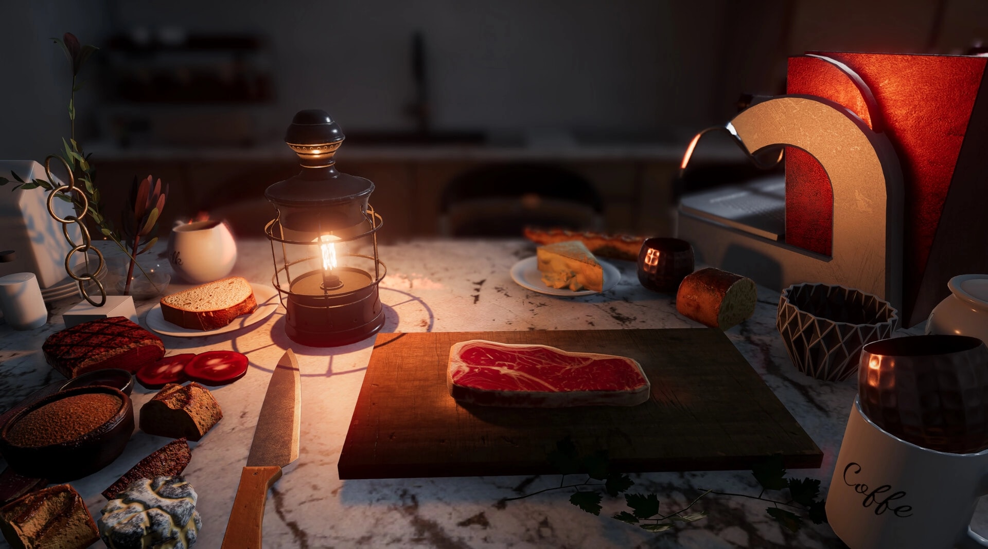 三分熟 Medium Rare: A raw steak on a cutting board surrounded by bread and a softly glowing lantern