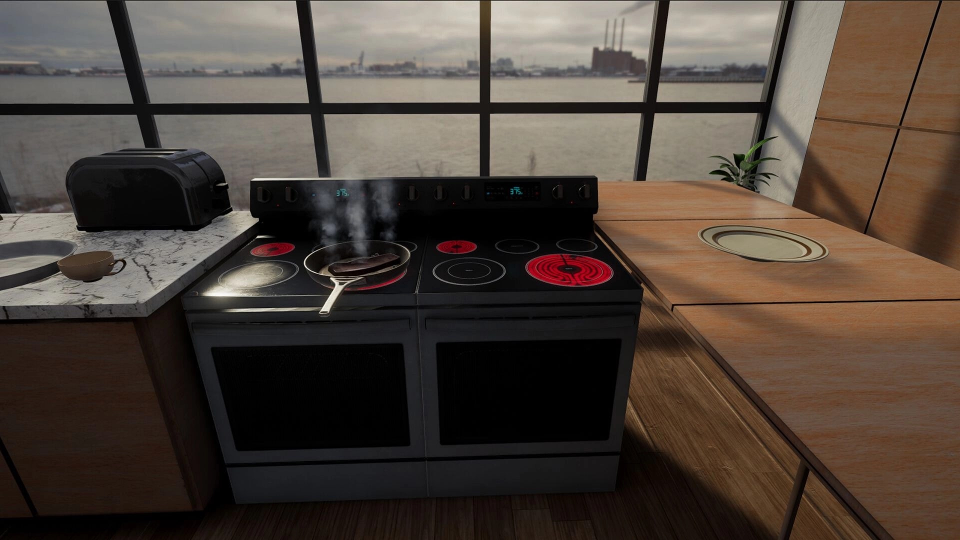 三分熟 Medium Rare: Steak sizzling in a pan on a stove with a scenic city view through large windows.