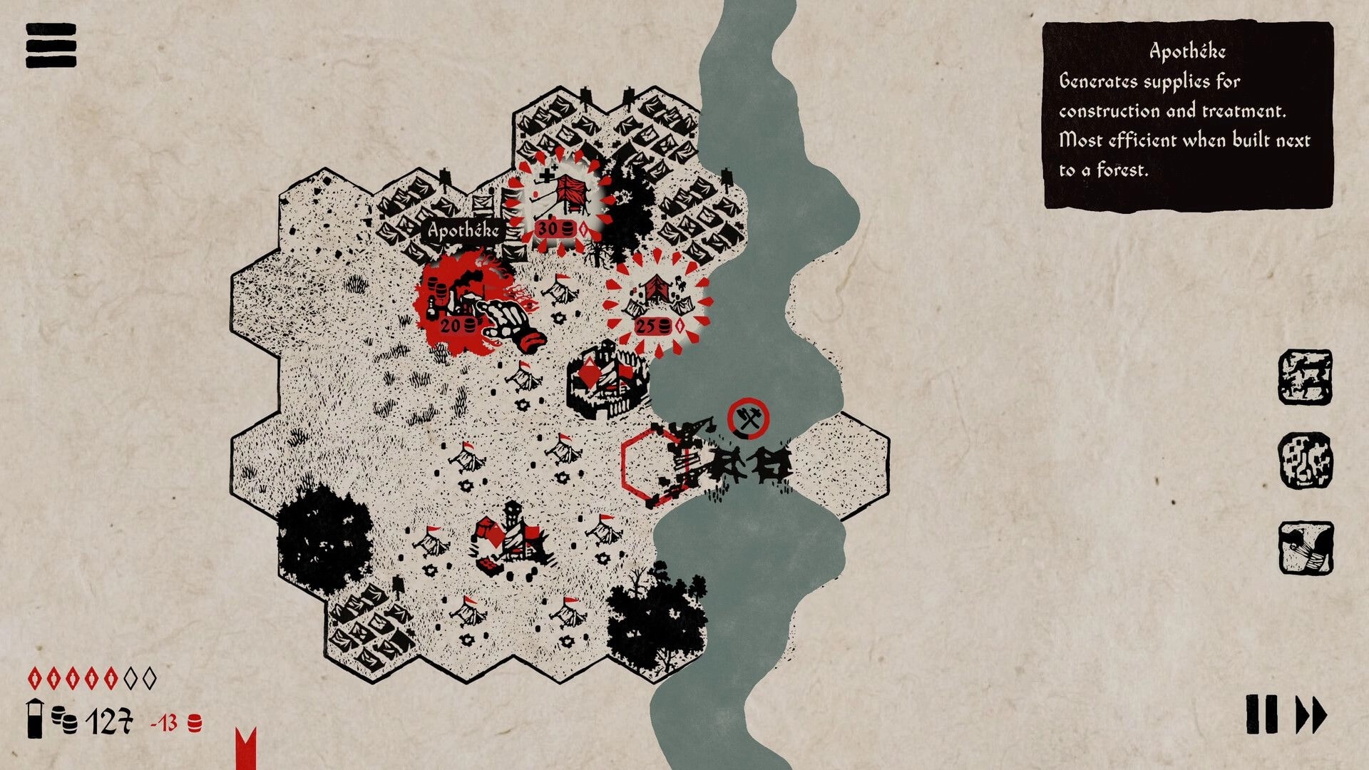 MEDIX: Apotheke building selected on hex map, red supply rings near river, info panel open.