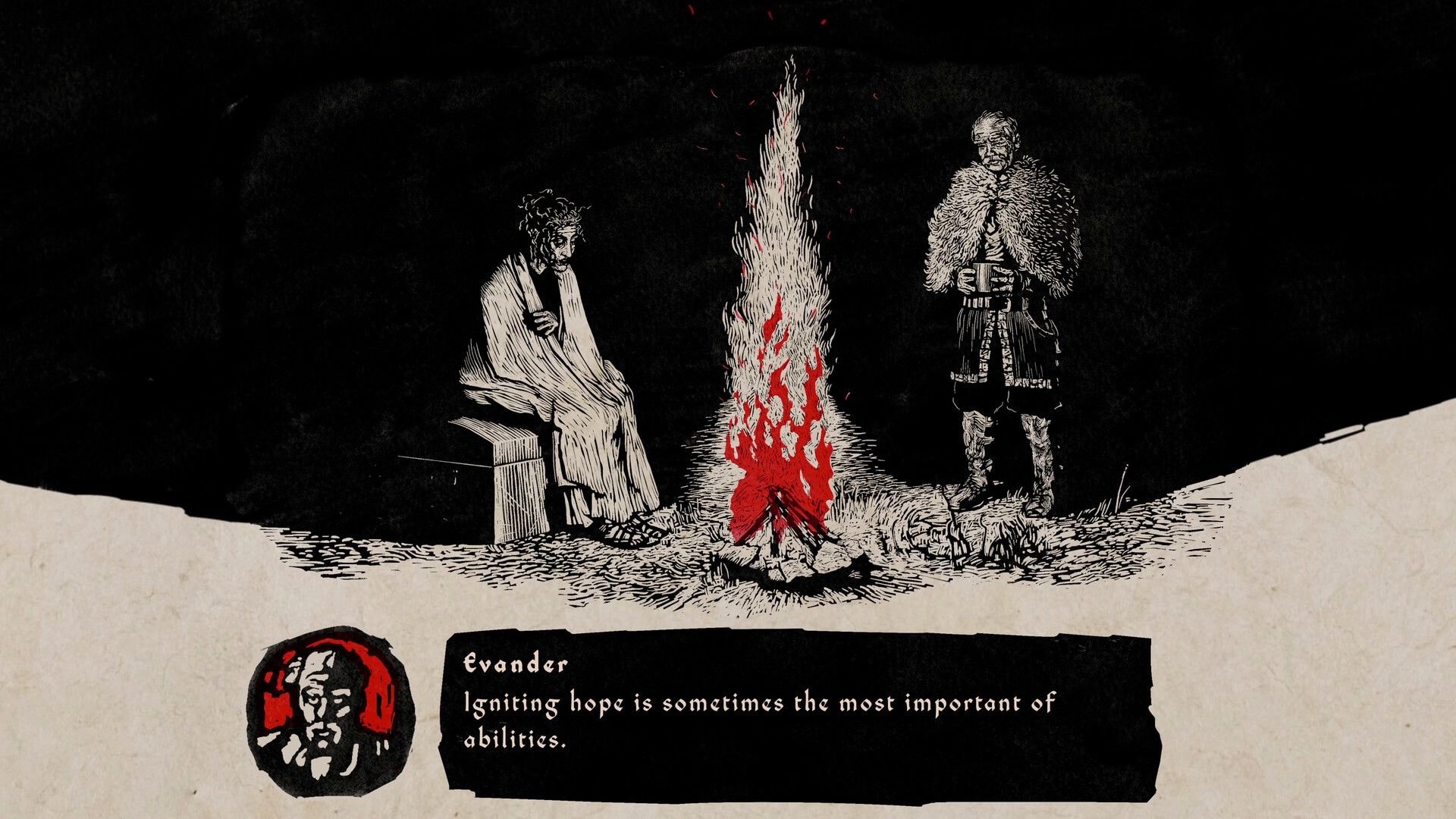 MEDIX: Dialogue scene of Evander by a campfire with two figures in stark hand-drawn night setting.