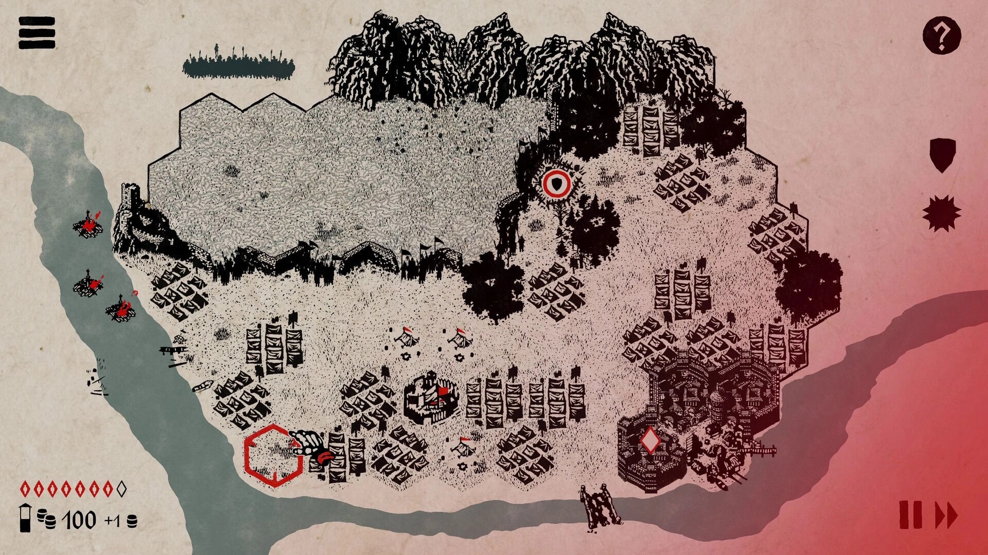 MEDIX: Tactical map with camps, barricades, and red objective markers on a coastal battlefield map.