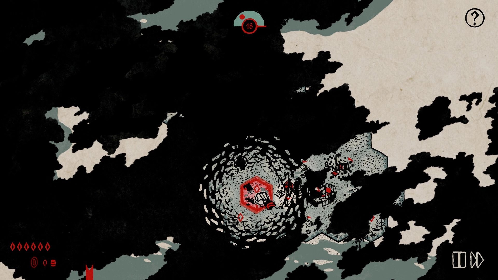 MEDIX: Fog-of-war tactical map with red hex fist marker over village icons and timer 18 at top.