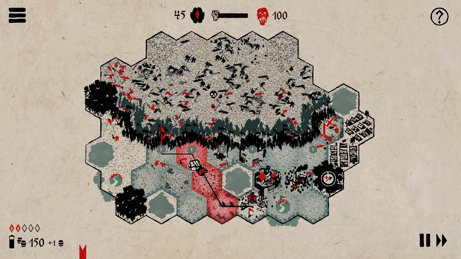 MEDIX: Hex map with medic route line and red danger tiles, top counters and pause controls.