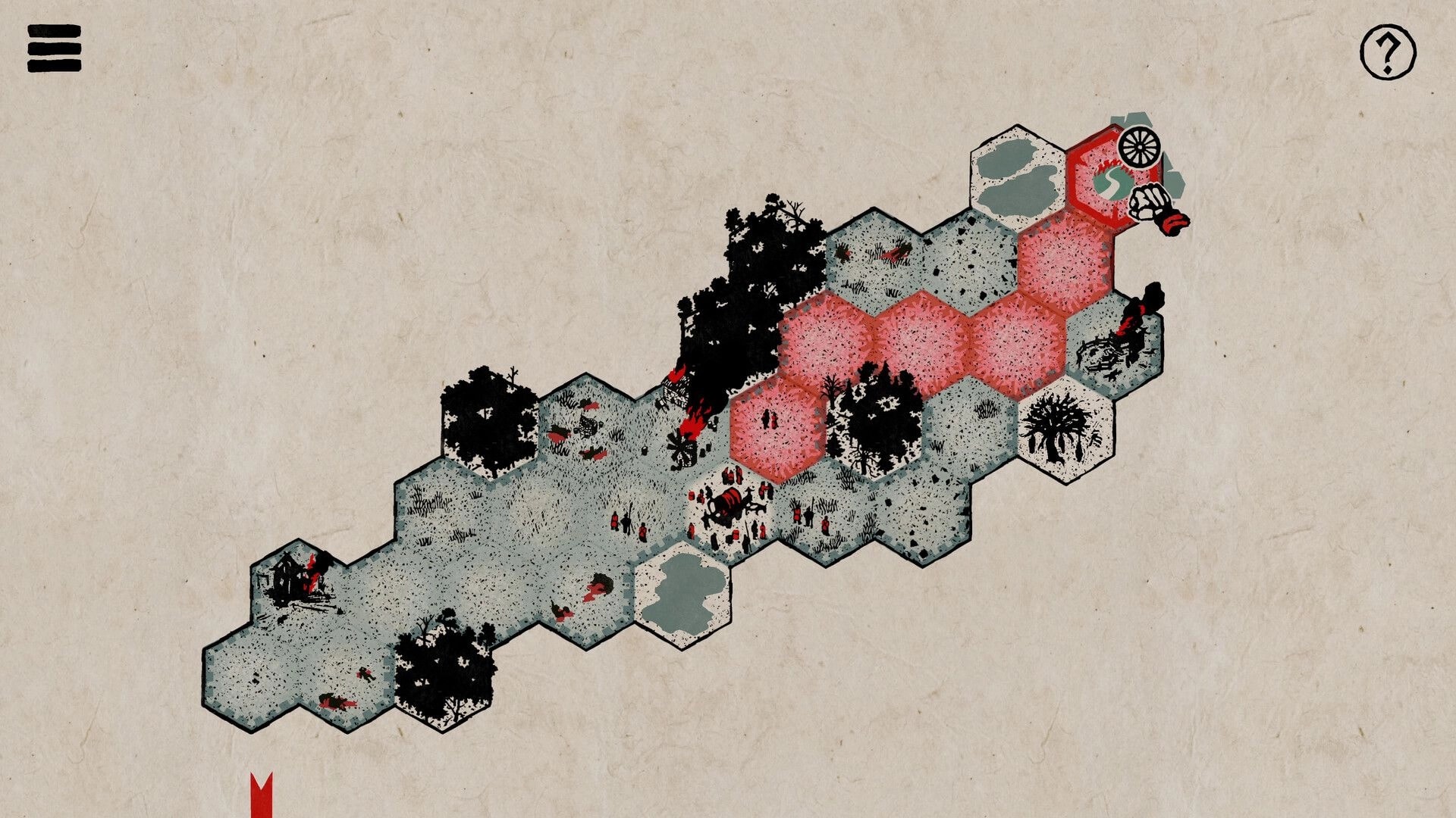 MEDIX: Medic squad advances on hex grid map with red danger tiles and forested battlefield icons.
