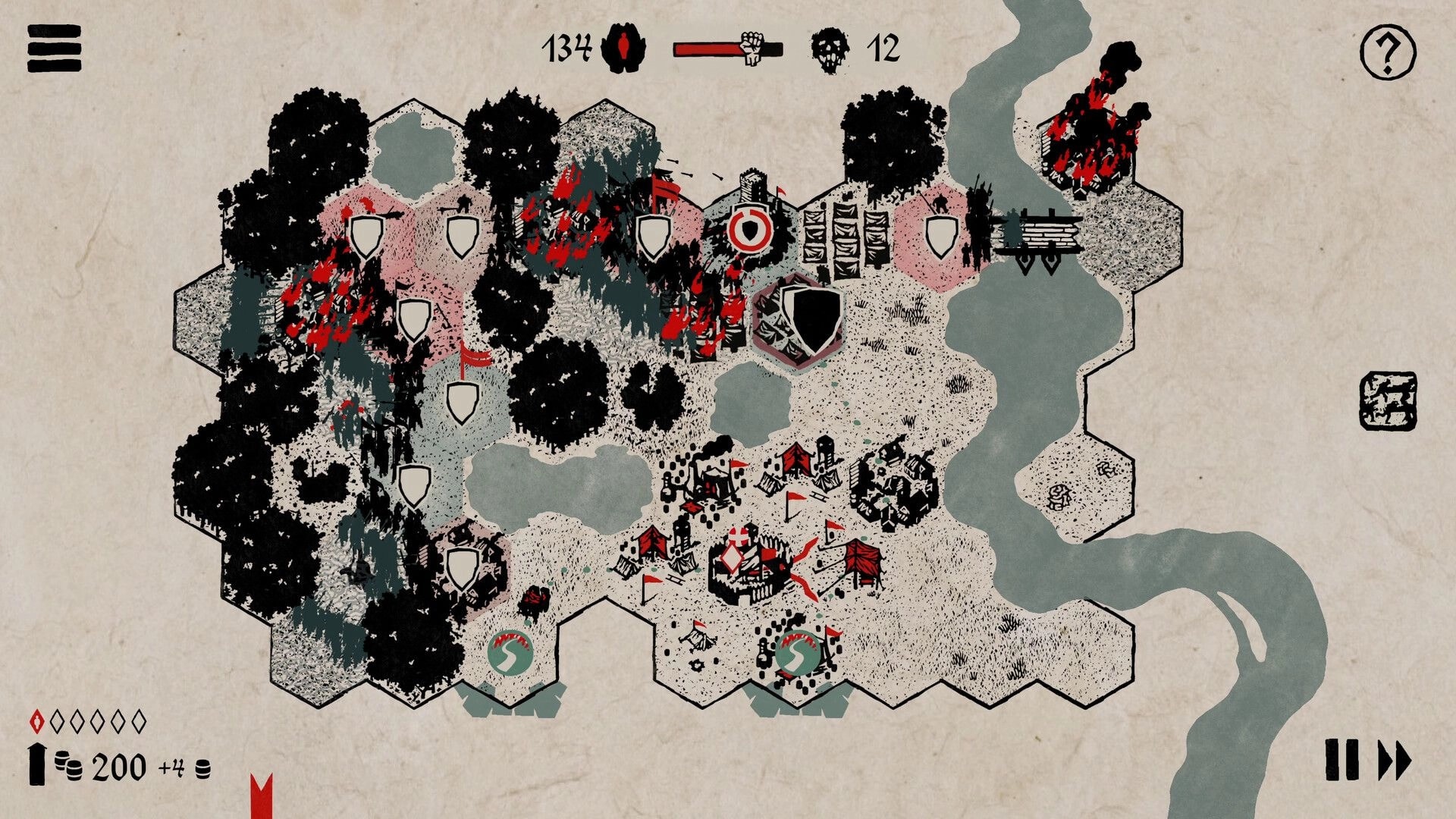 MEDIX: Hex map with shield markers and red battle zones, riverside forest and camp UI counters.