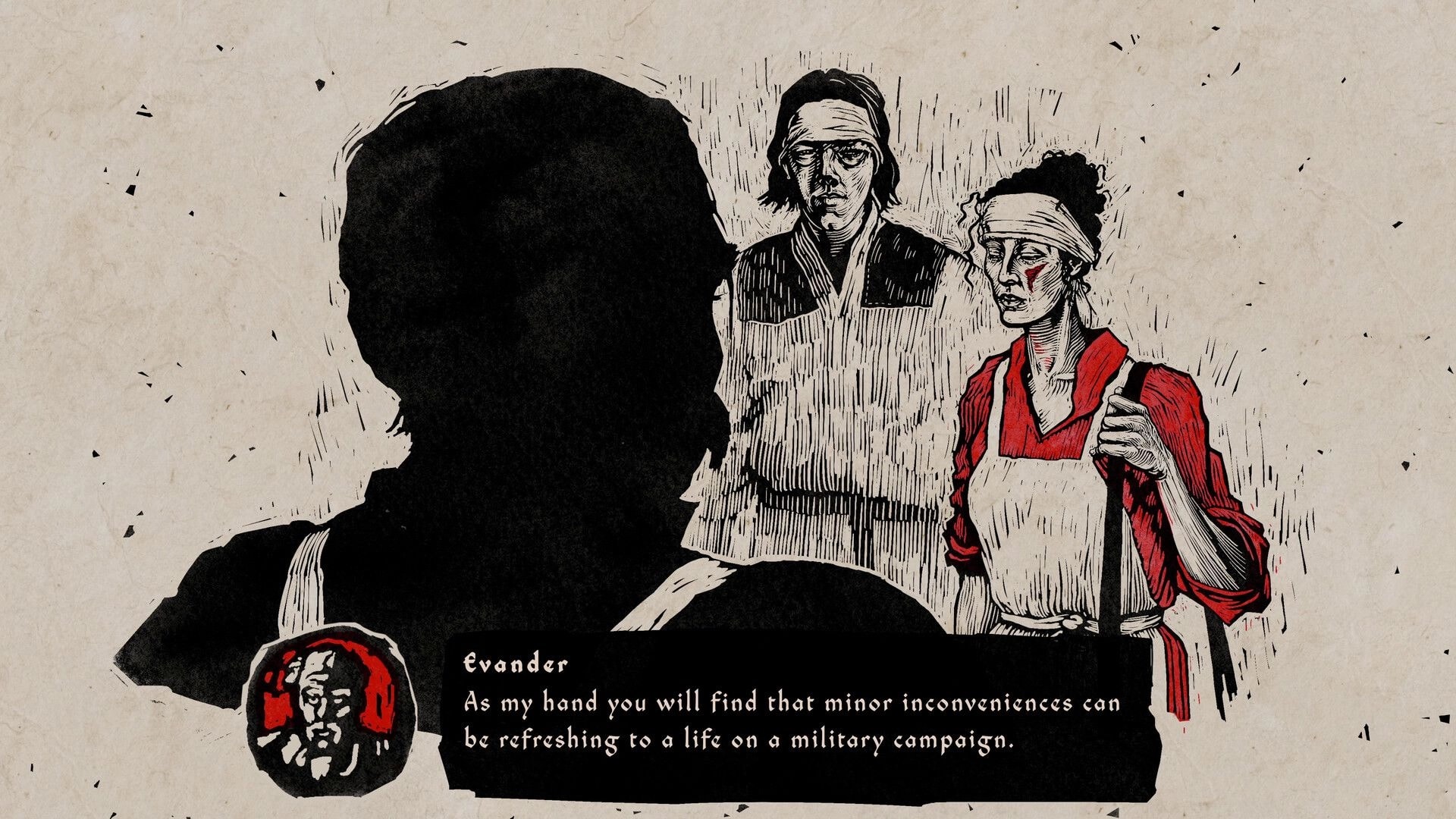 MEDIX: Dialogue box with Evander speaking to two bandaged medics in hand-drawn cutscene scene.