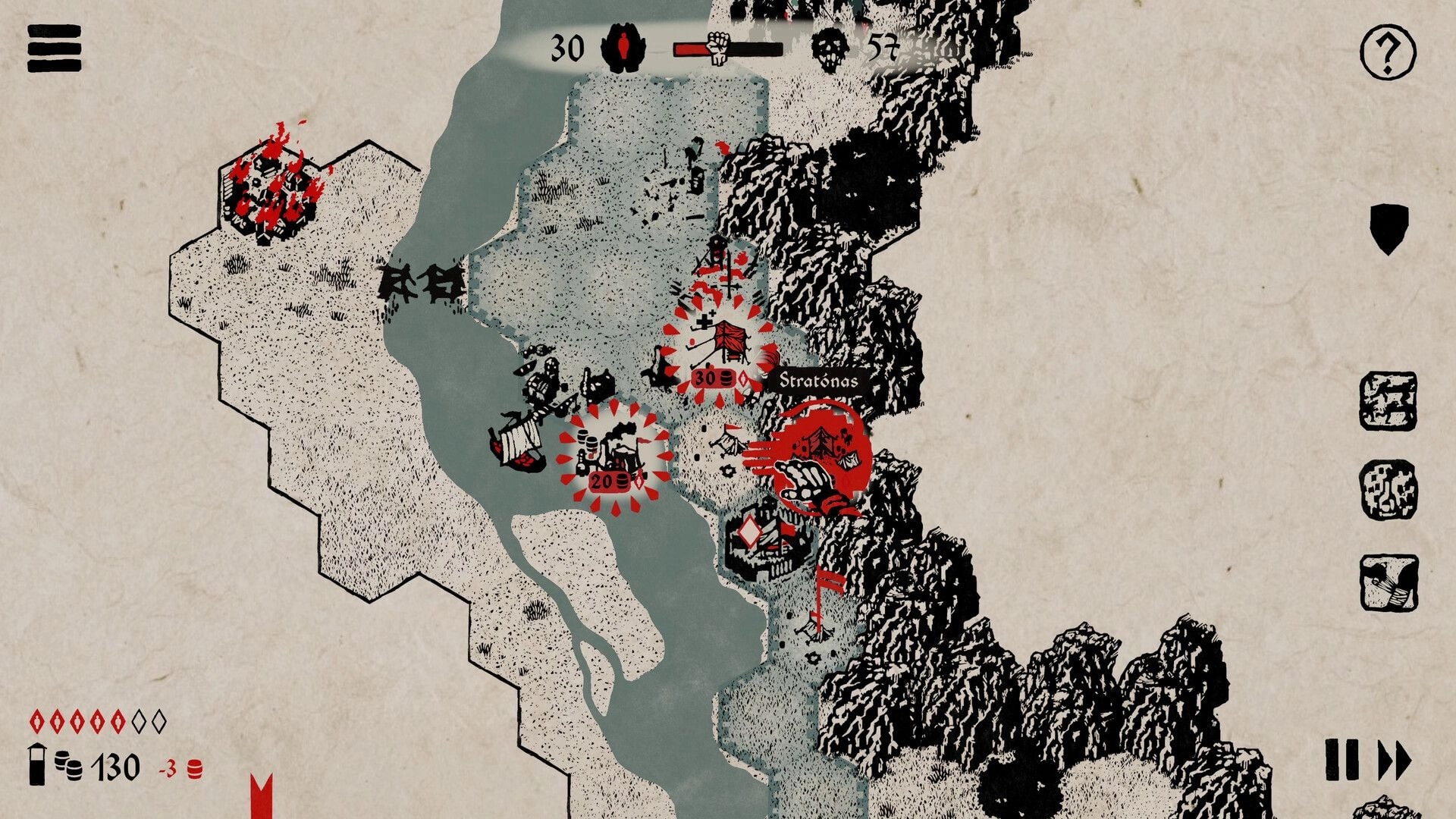 MEDIX: Tactical map with medic units and red alert markers near Stratonas by a river and cliffs.