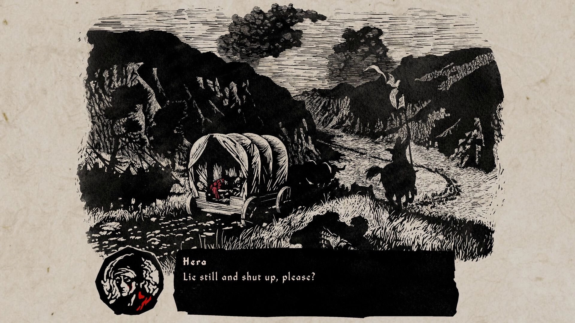 MEDIX: Dialogue box with Hera speaking beside a wagon on a winding road through inked hills.