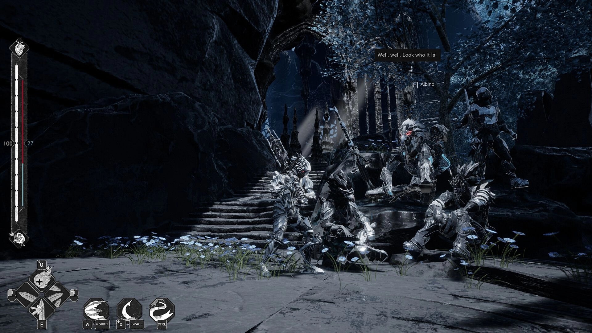 Mercy Incore: Armored knight faces Albino NPC by stone steps in dark forest, HUD and prompts visible.