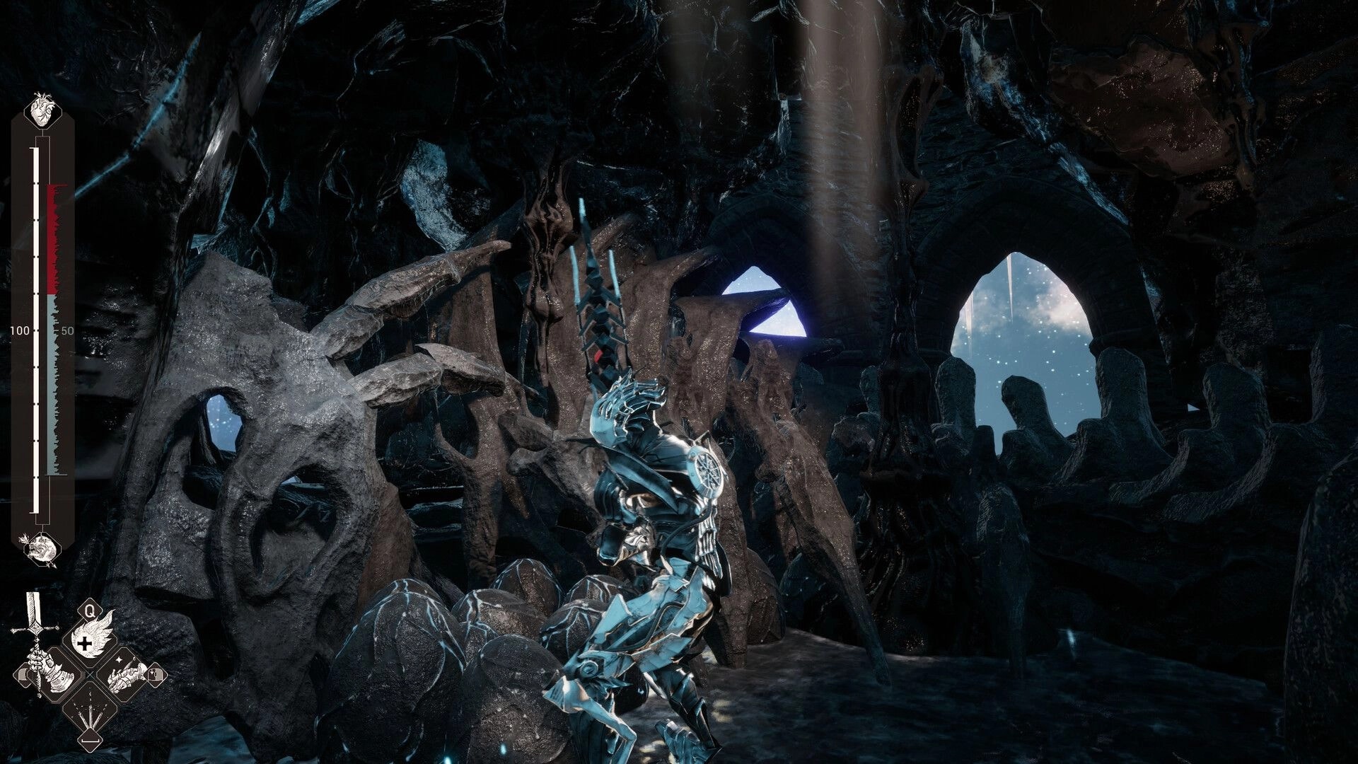 Mercy Incore: Armored knight holds a glowing sword in a dark cavern with health and ability UI on left.