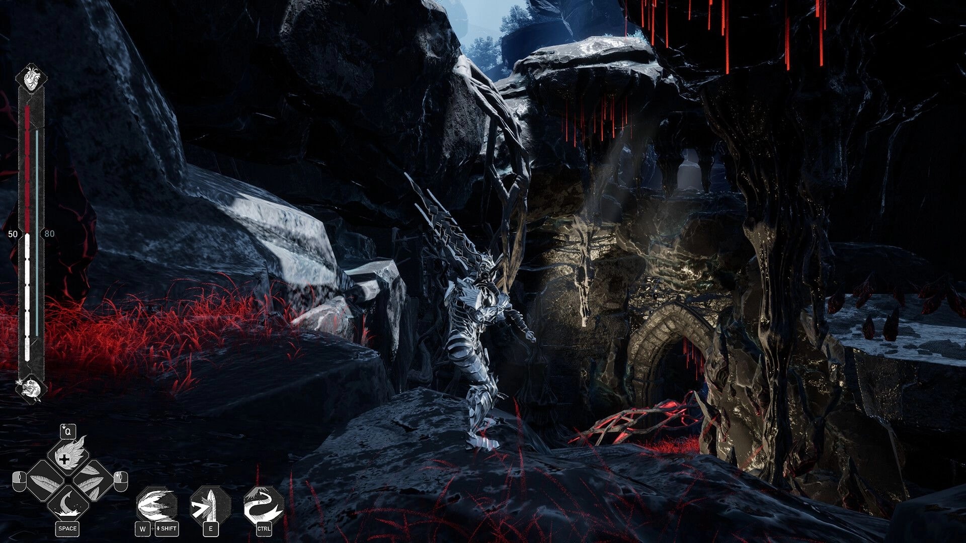 Mercy Incore: Armored knight climbs rocky ledge near ruined archway in dark cave, HUD bars and skills visible.