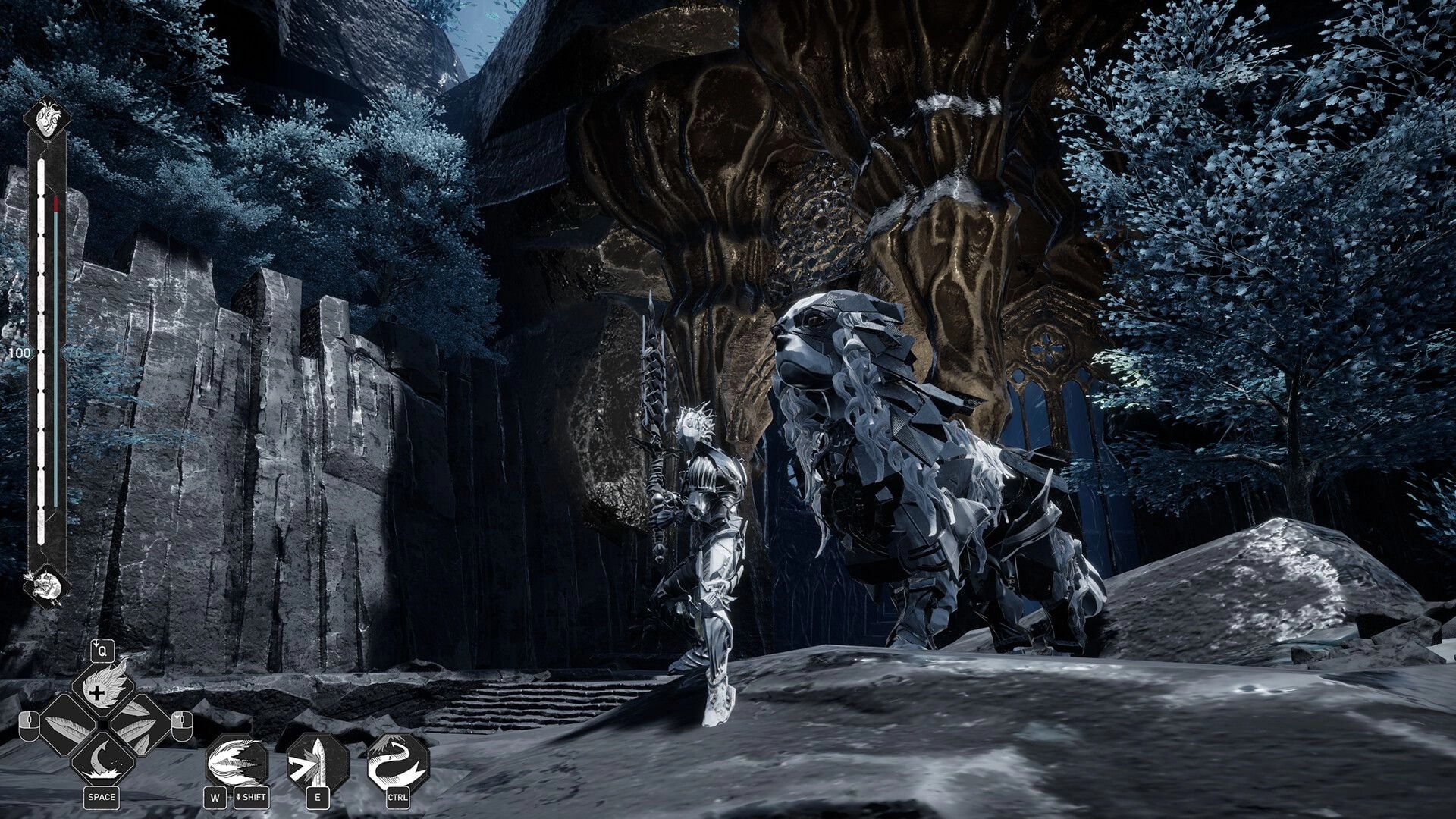 Mercy Incore: Armored knight faces a hulking beast at a ruined gate, health bar and hotkeys visible.