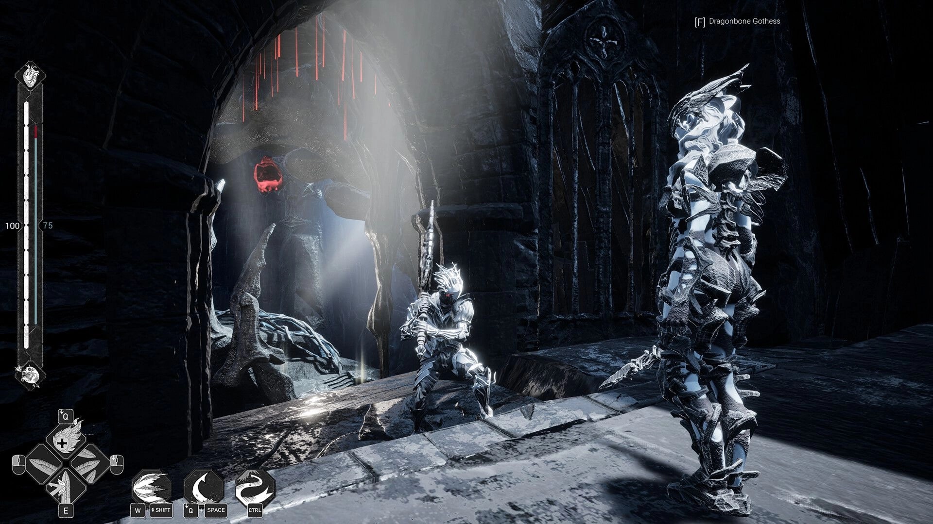 Mercy Incore: Armored knight faces Dragonbone Gothess in dark cavern, HUD bars and skills visible.