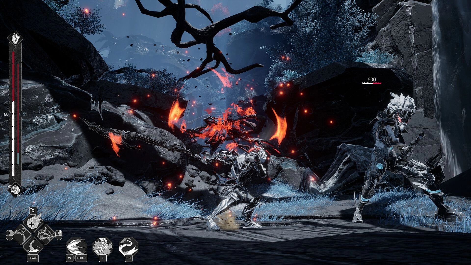 Mercy Incore: Armored knight slashes a fiery red enemy in rocky ravine, HUD bars and skill icons visible.