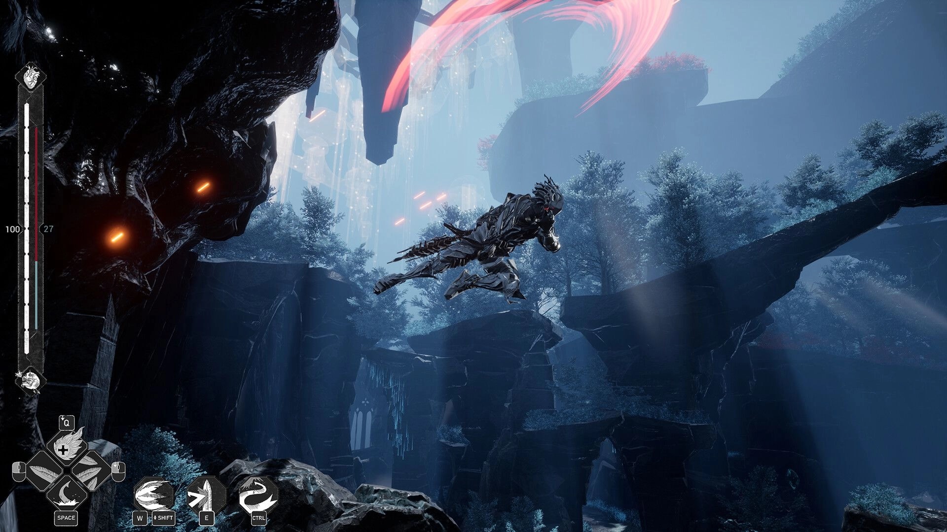 Mercy Incore: Armored knight dashes midair over cliffs, HUD bars and ability icons in misty ruins.