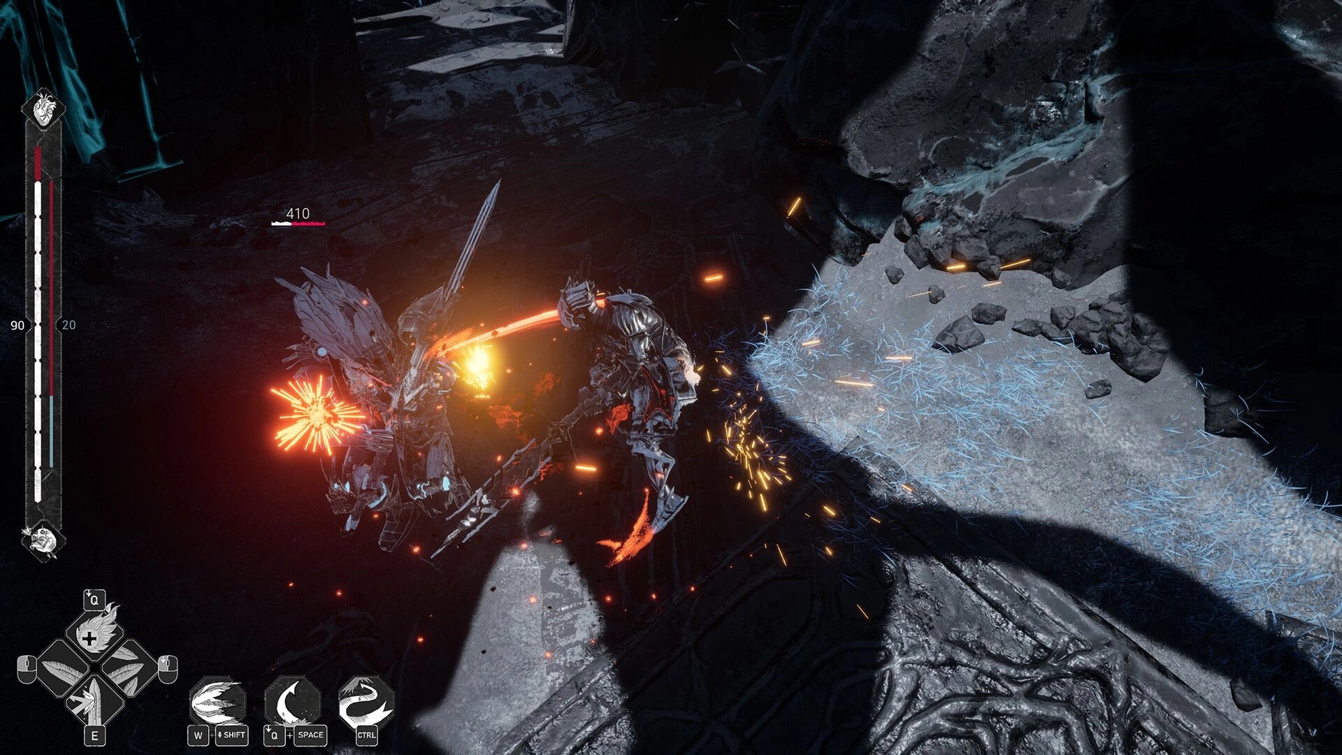 Mercy Incore: Armored knight slashes a spiky mech foe, sparks flying in a dark rocky corridor HUD visible.