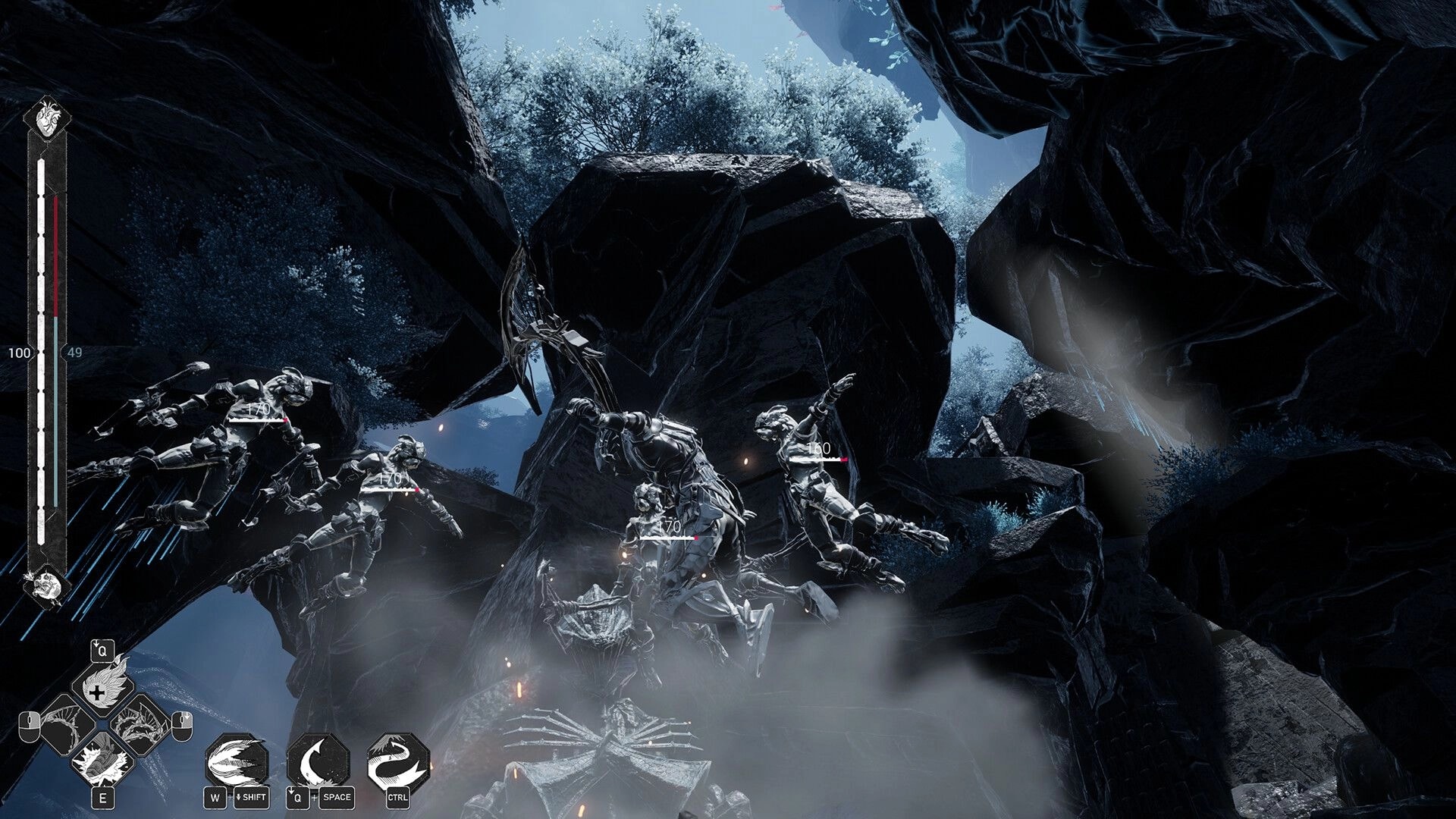 Mercy Incore: Knight slashes airborne robot foes in rocky ravine, HUD bars and ability icons visible.