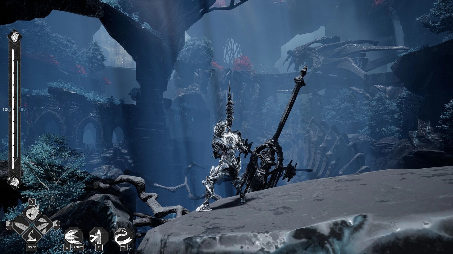 Mercy Incore: Armored knight with huge sword on cliff in blue ruins, HUD bars and ability icons visible.