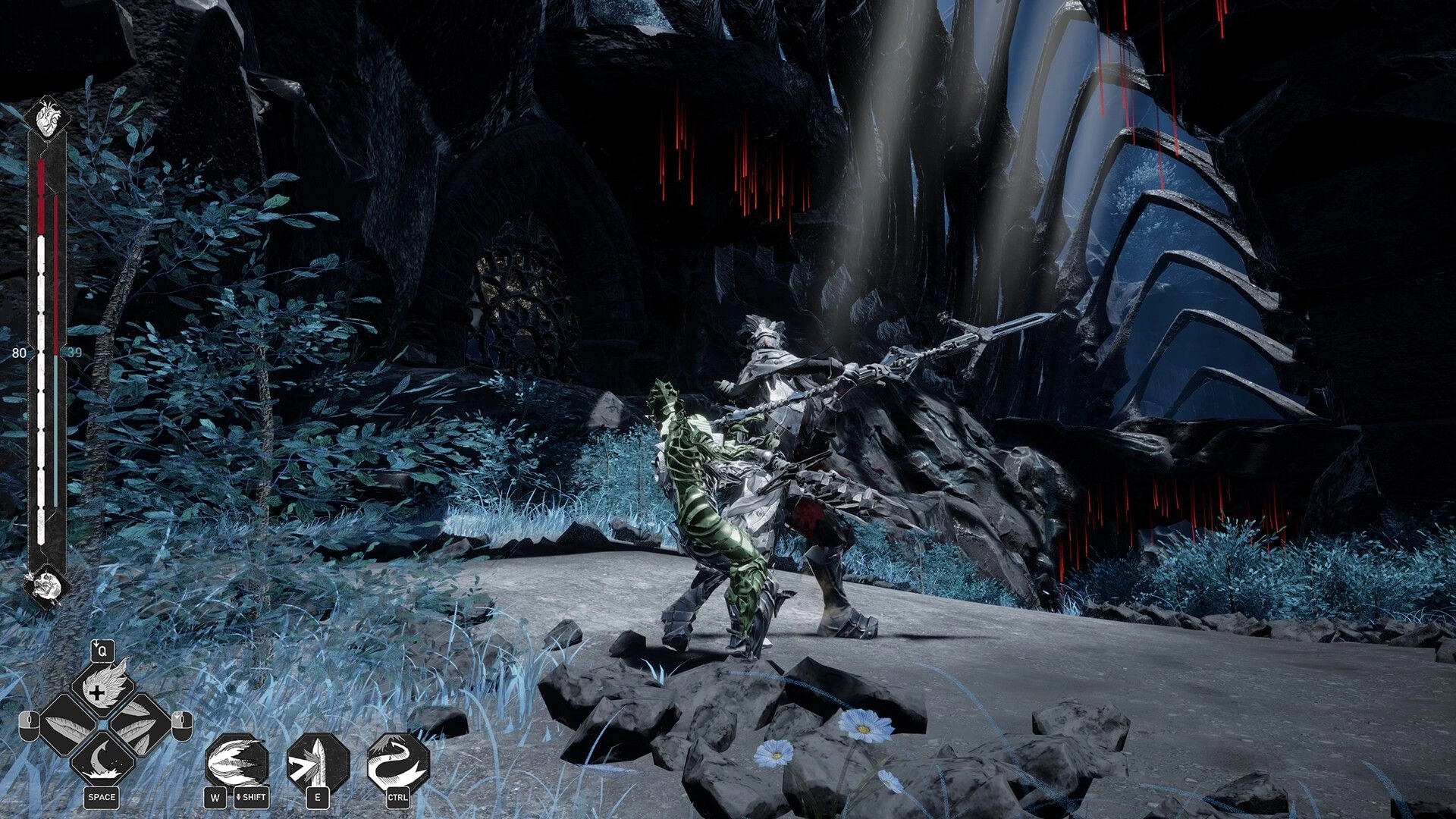 Mercy Incore: Armored knight slashes a green foe on rocky path in dark cave, health and skill UI left.