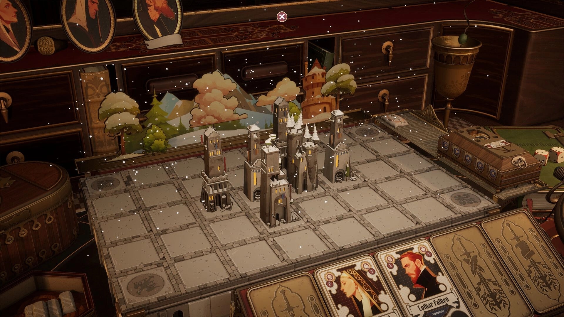 Midgardr: Castle miniatures on a tiled board with falling snow, card portraits and dice on table.