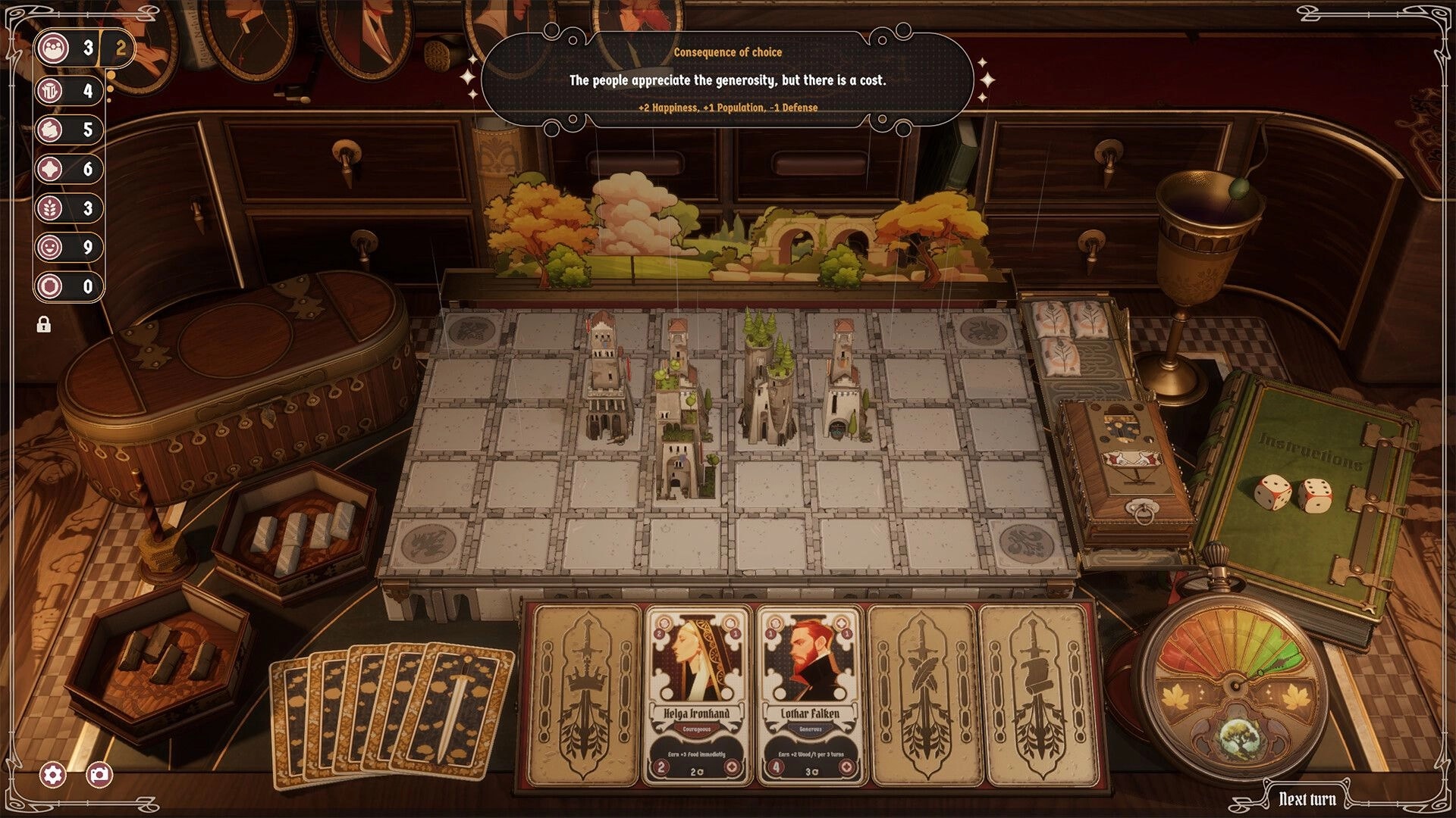 Midgardr: Card-driven village board with buildings placed, choice result banner and hand of cards UI.
