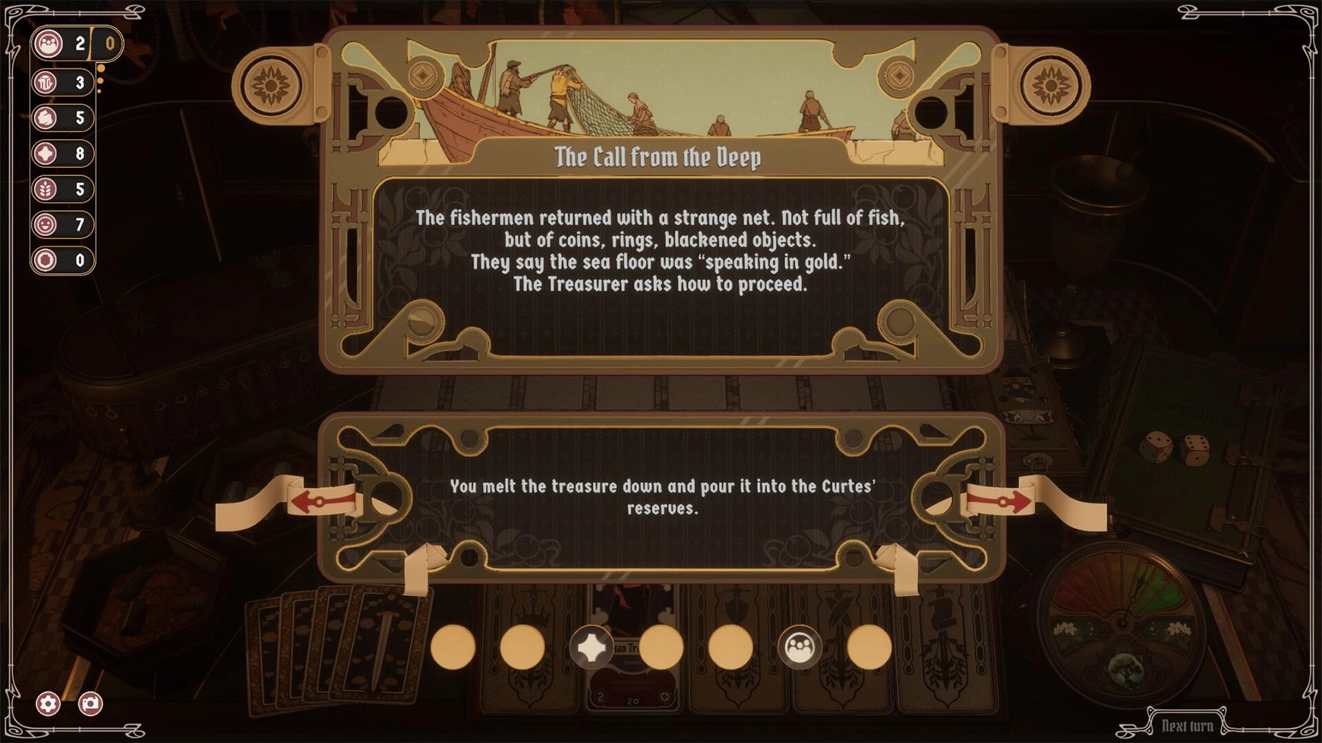 Midgardr: Event choice card "The Call from the Deep" with resource icons over a dim council table.