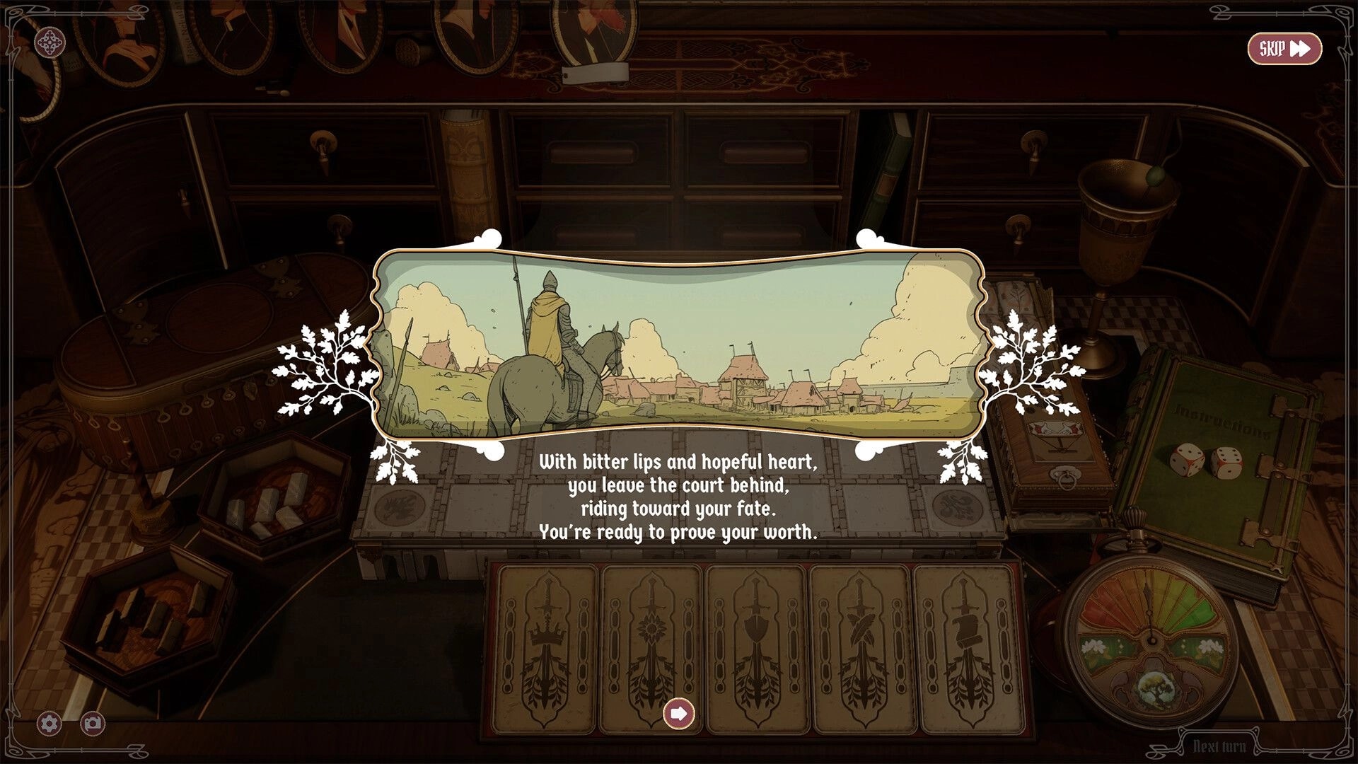 Midgardr: Story panel of a rider on horseback approaching village, with skip button and card UI below.