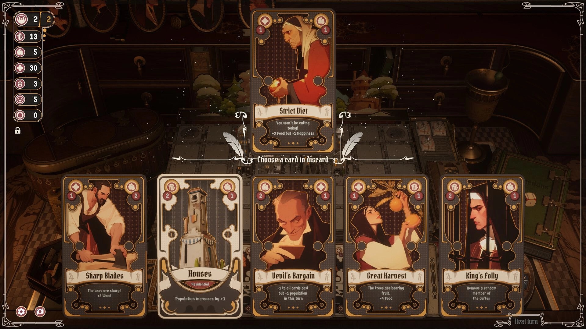Midgardr: Card discard choice with Strict Diet highlighted over village board and resource sidebar UI.