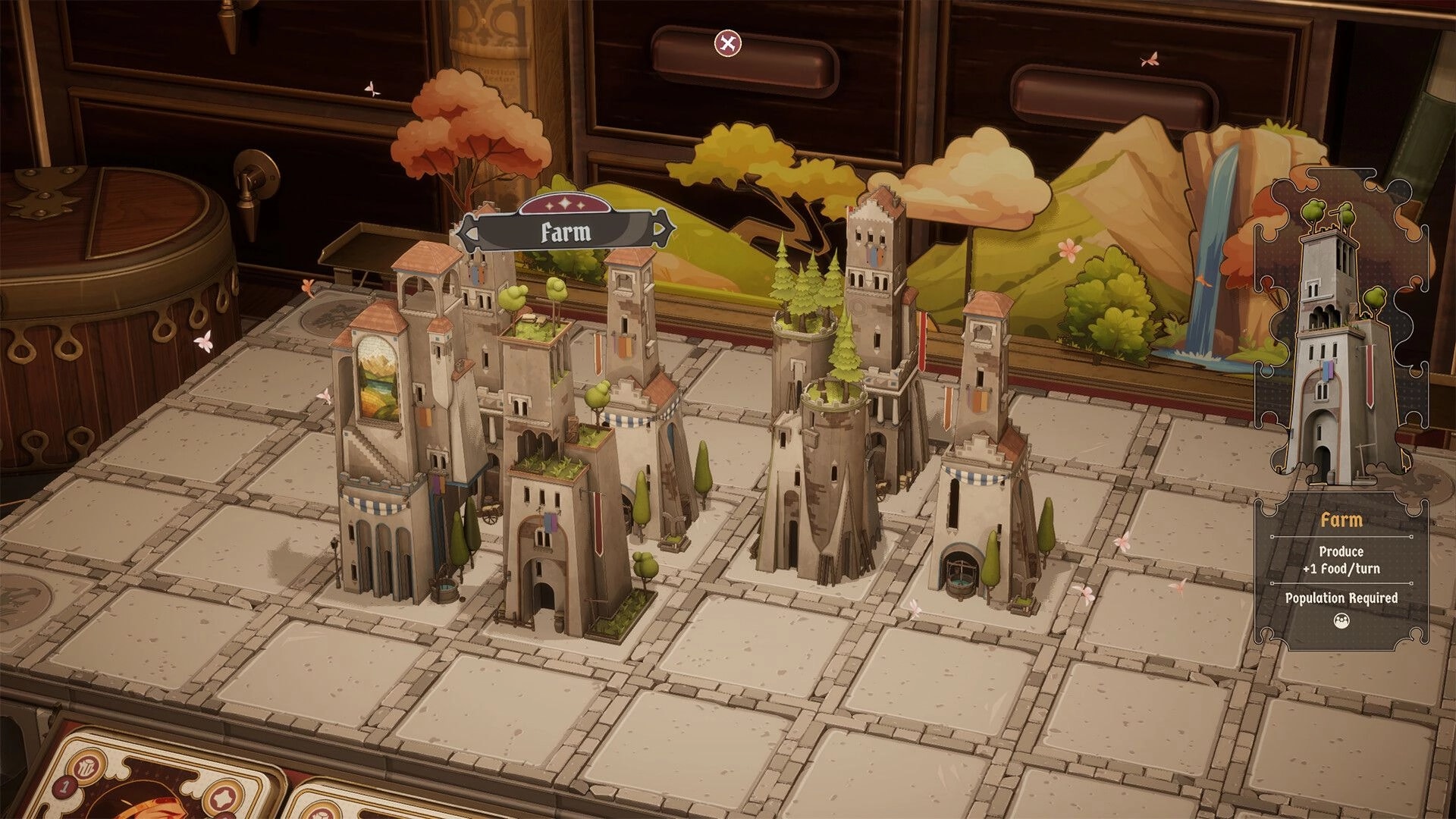 Midgardr: Farm building selected on tiled village board, with farm stats panel and tower blocks nearby.