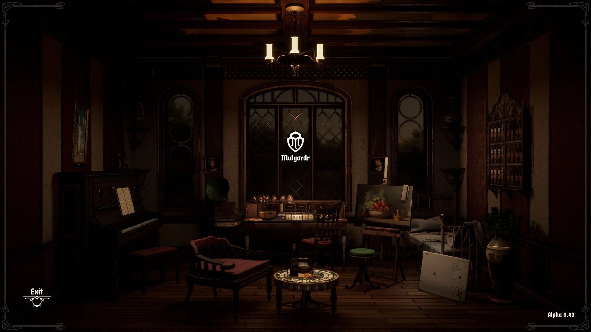 Midgardr: Main menu logo over a dim study with piano, desk, easel, and Exit button UI.