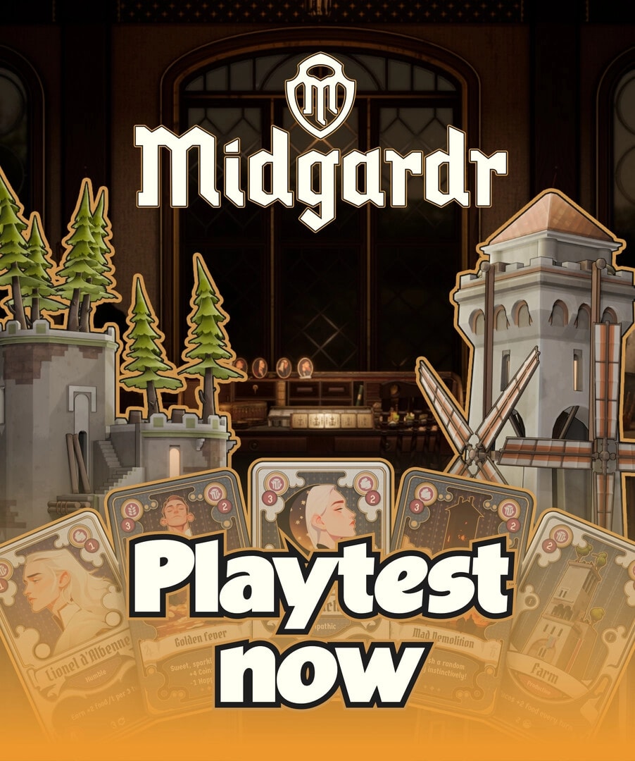Midgardr: Title screen with Playtest now banner, card row, and castle towers with trees backdrop.