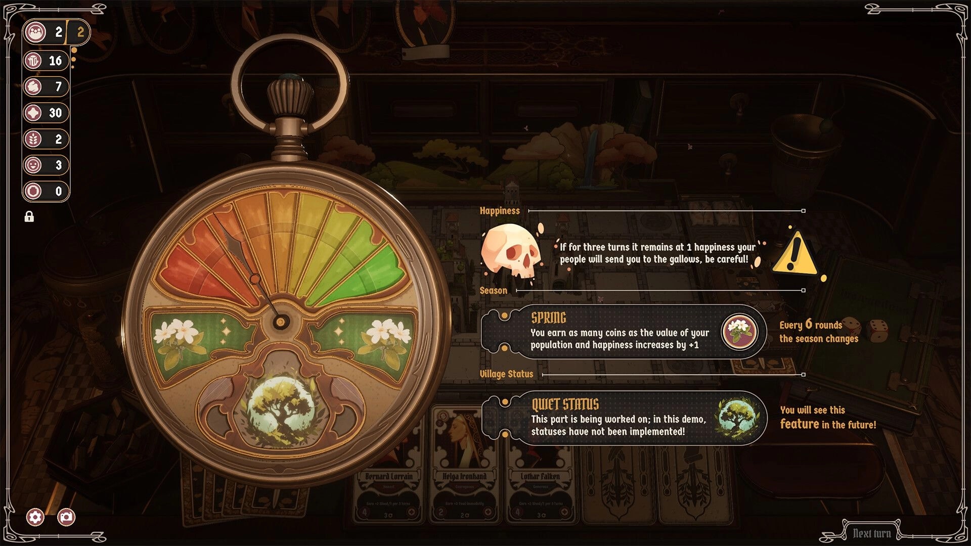 Midgardr: Season wheel UI with happiness warning and Spring bonus panel over dim village board map.