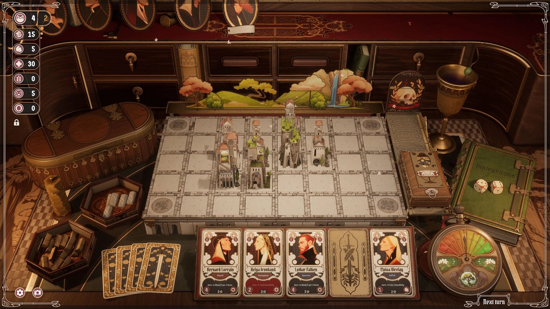Midgardr: City-building board with placed buildings and character cards on a tabletop strategy UI.