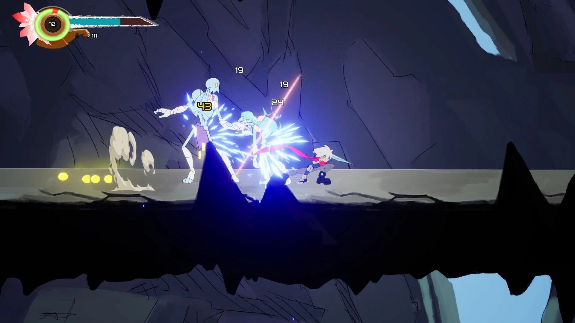 Midpoint: Player battles glowing spirit enemies on a rocky platform in a dark cavern environment.