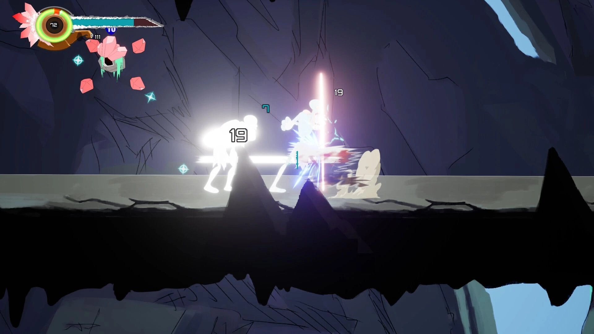 Midpoint: Combat with glowing spirits in a dark cavern, health bar and damage numbers visible