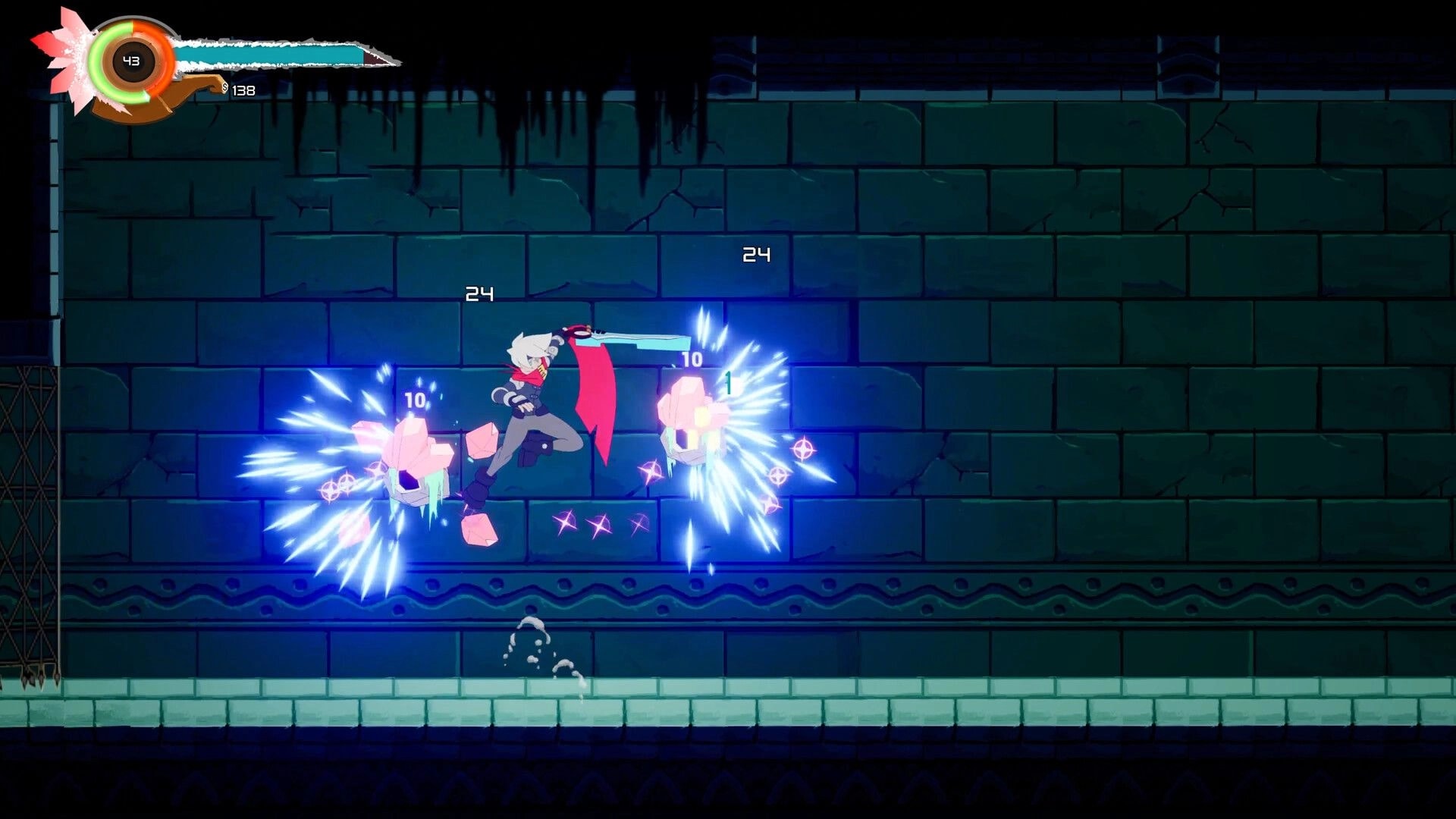 Midpoint: Character attacking two glowing enemies in a dark dungeon environment