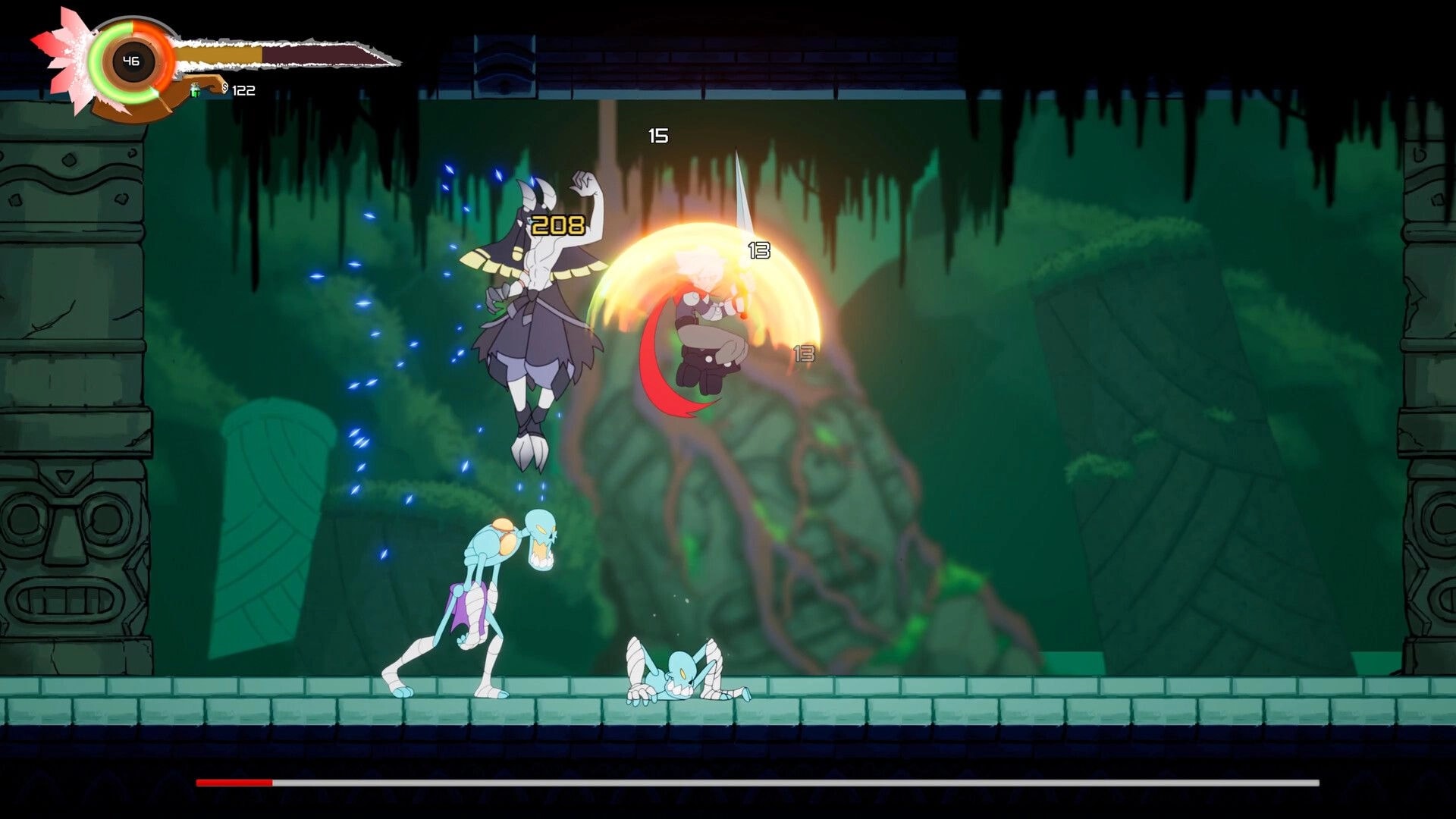 Midpoint: Character in mid-air slash against demon, ruined temple background with HUD elements visible