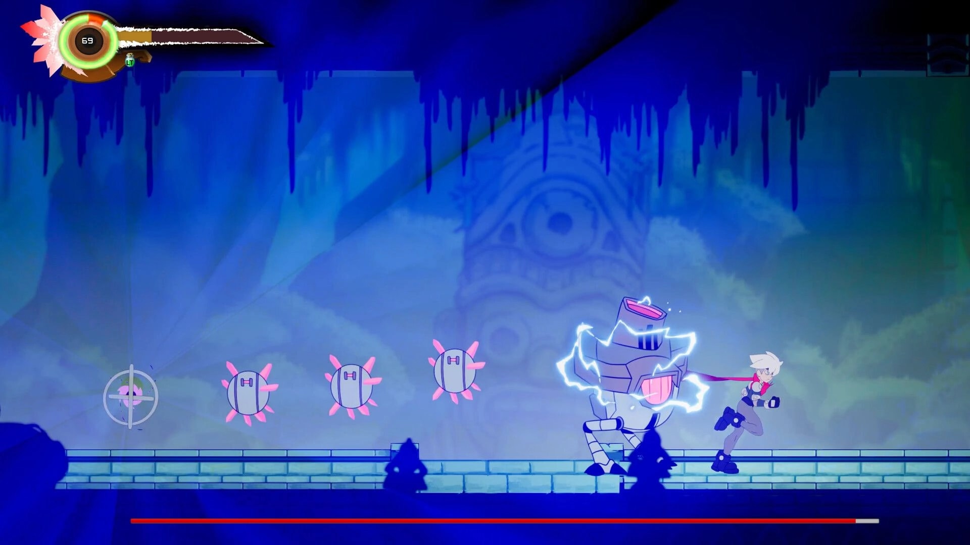 Midpoint: Player character battles a robot in a cave with glowing blue and purple lighting effects
