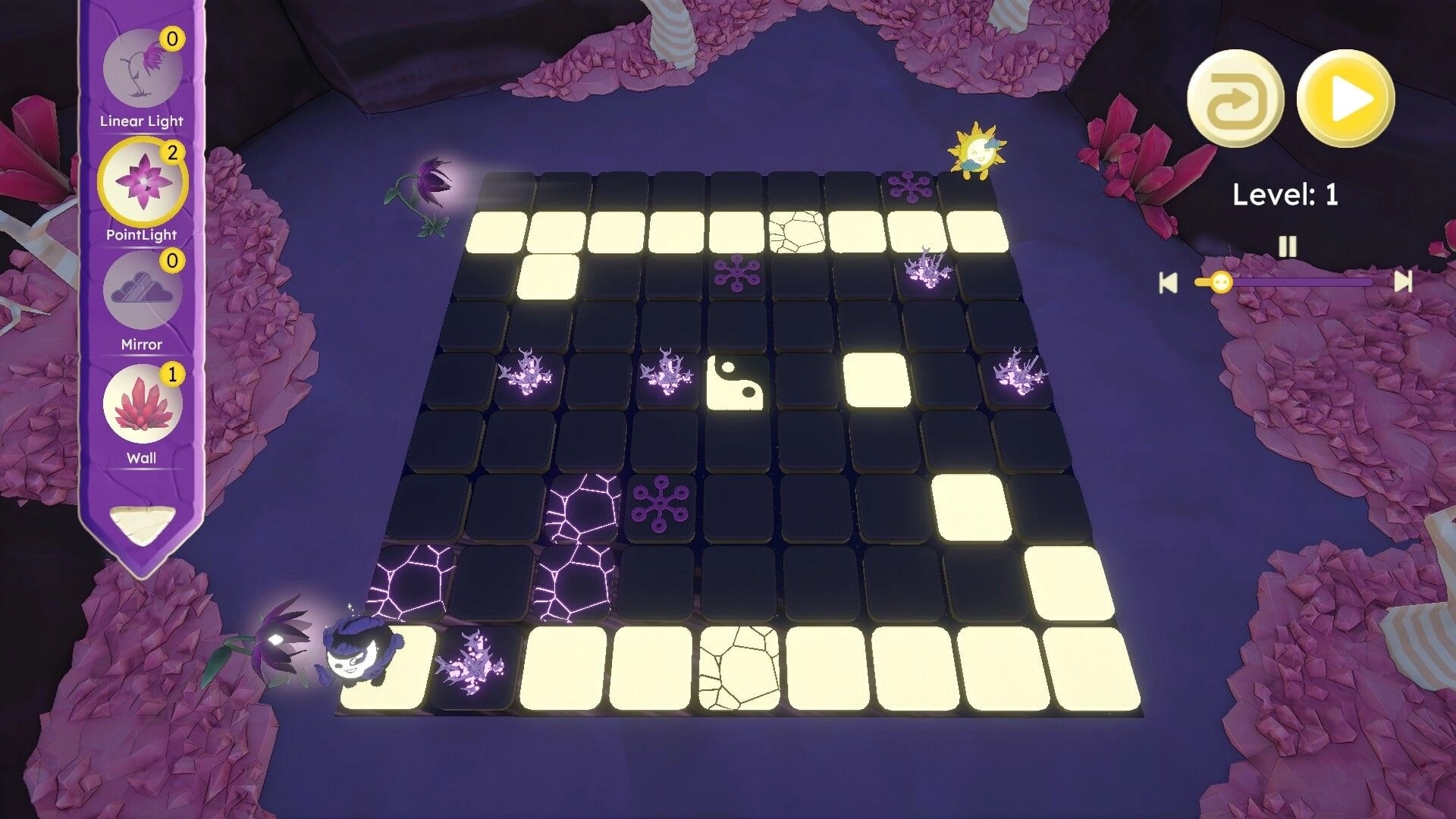 Mind Split: Light and Shadow navigate puzzle grid with strategic tile placement in level 1 cave setting