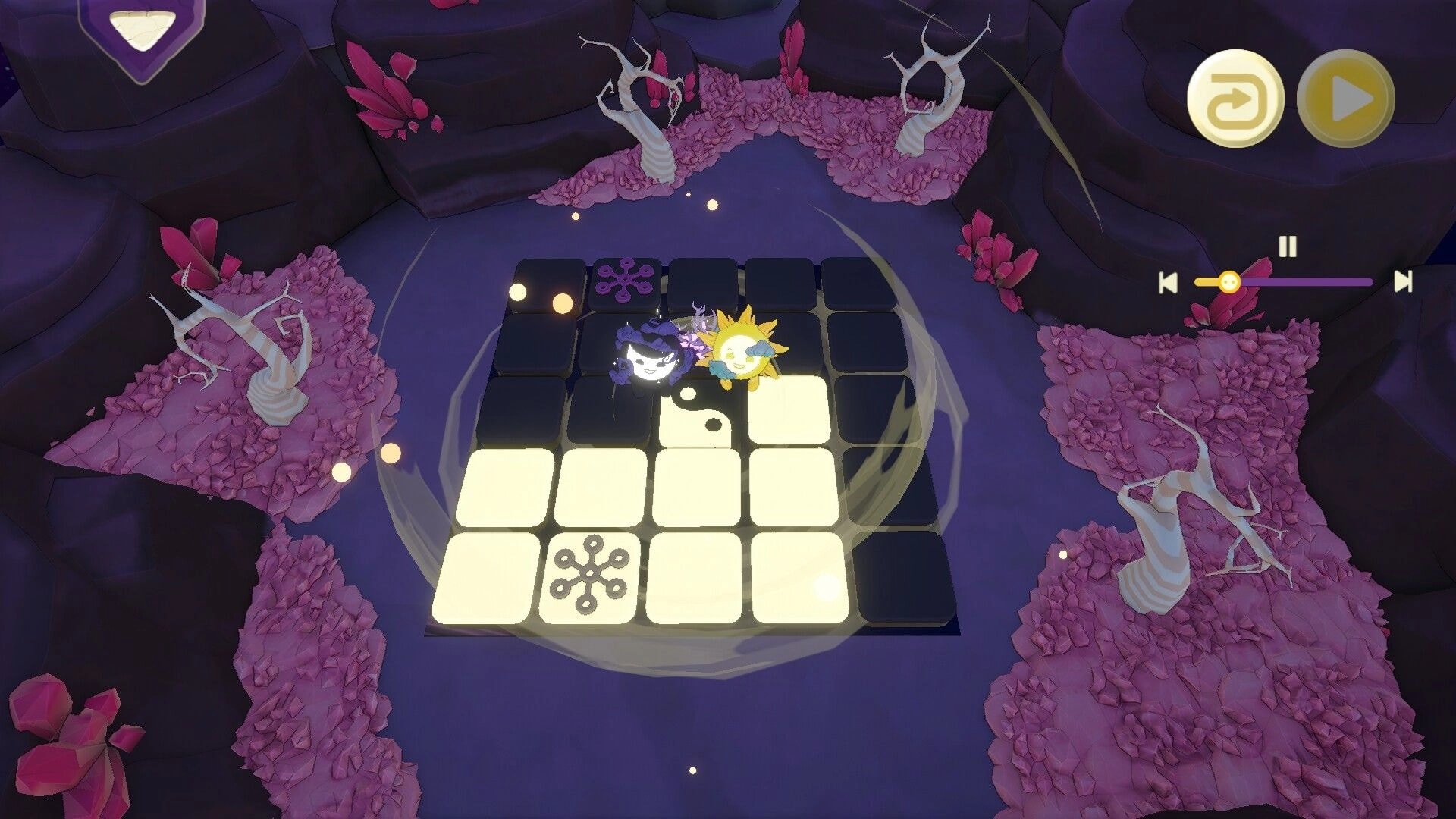 Mind Split: Light and Shadow characters navigate puzzle grid in a mystical cave setting, Level 2 UI shown