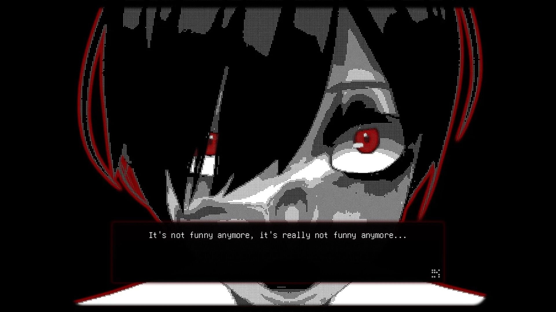 MINDFUNK In 13 Days: Close-up of a red-eyed face with dialogue box on a dark screen.