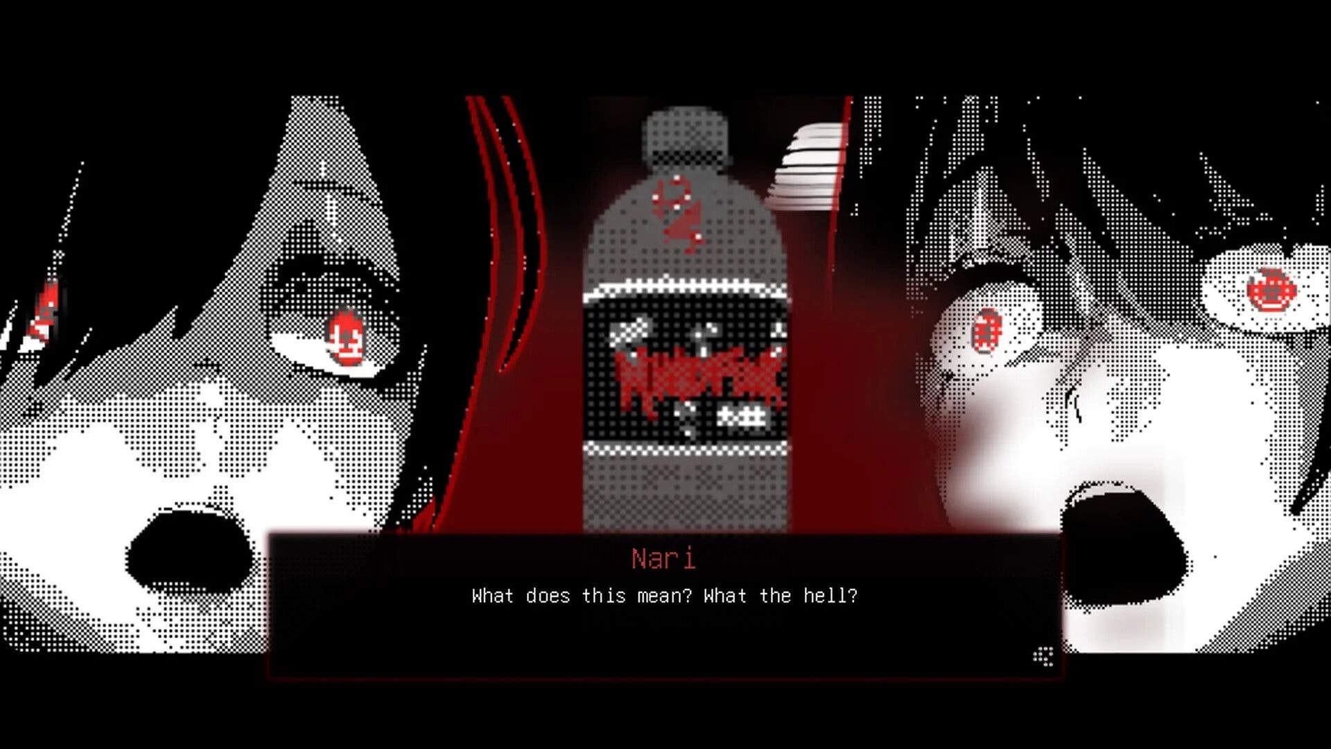 MINDFUNK In 13 Days: Nari and Sena stare at a MINDFUNK bottle in a red-tinted dialogue scene.